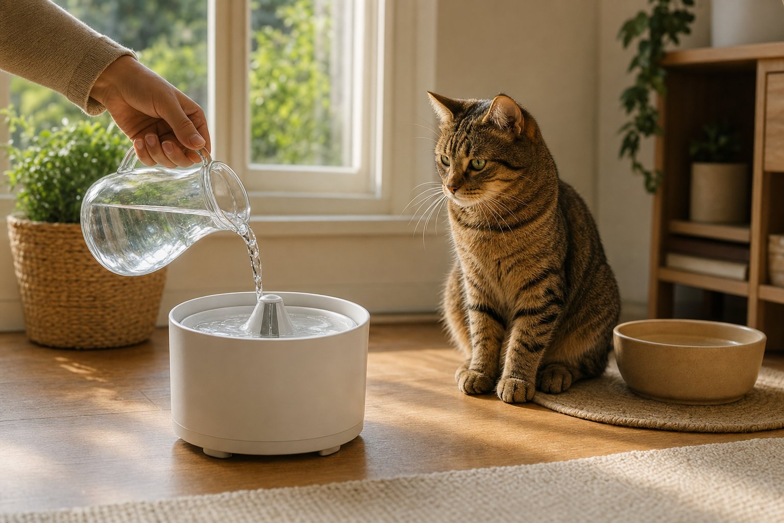 Fresh water being poured into a pet fountain while a tabby cat watches nearby