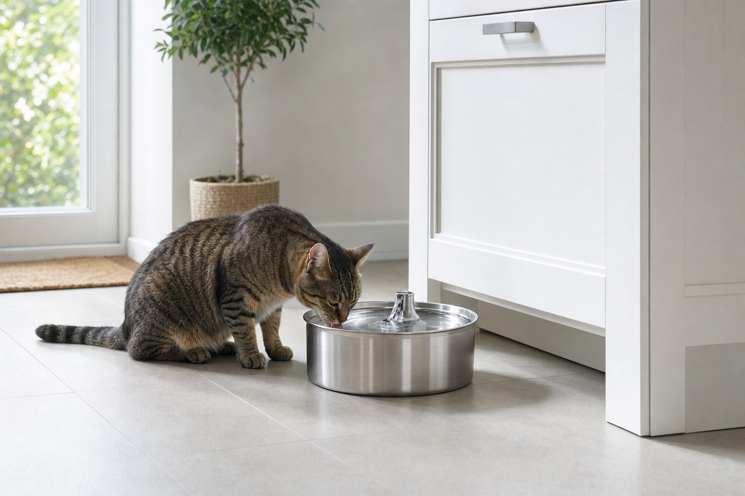 Tabby cat drinking from a stainless steel water fountain in a bright kitchen
