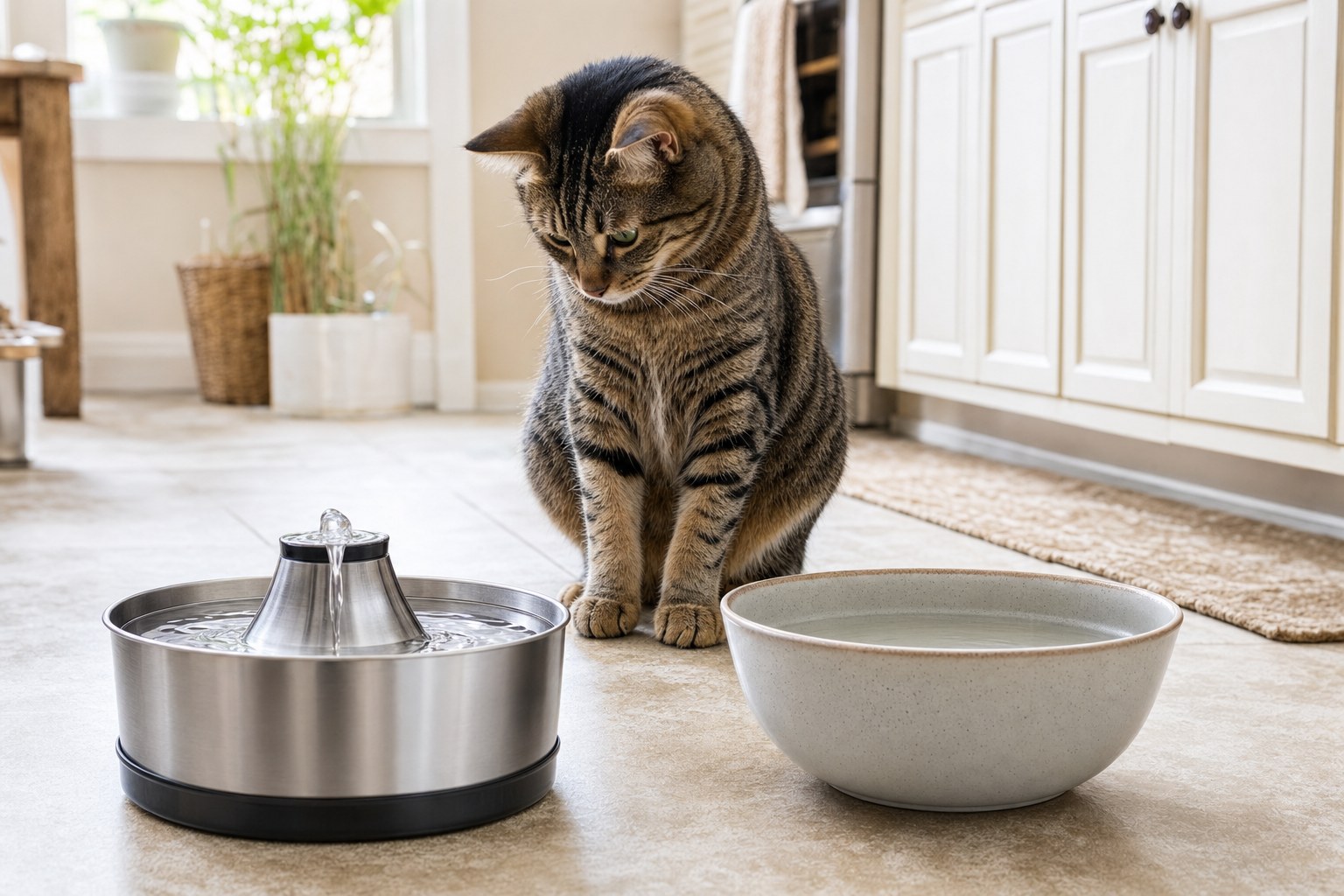 Tabby cat choosing between a stainless steel water fountain and a wide ceramic water bowl