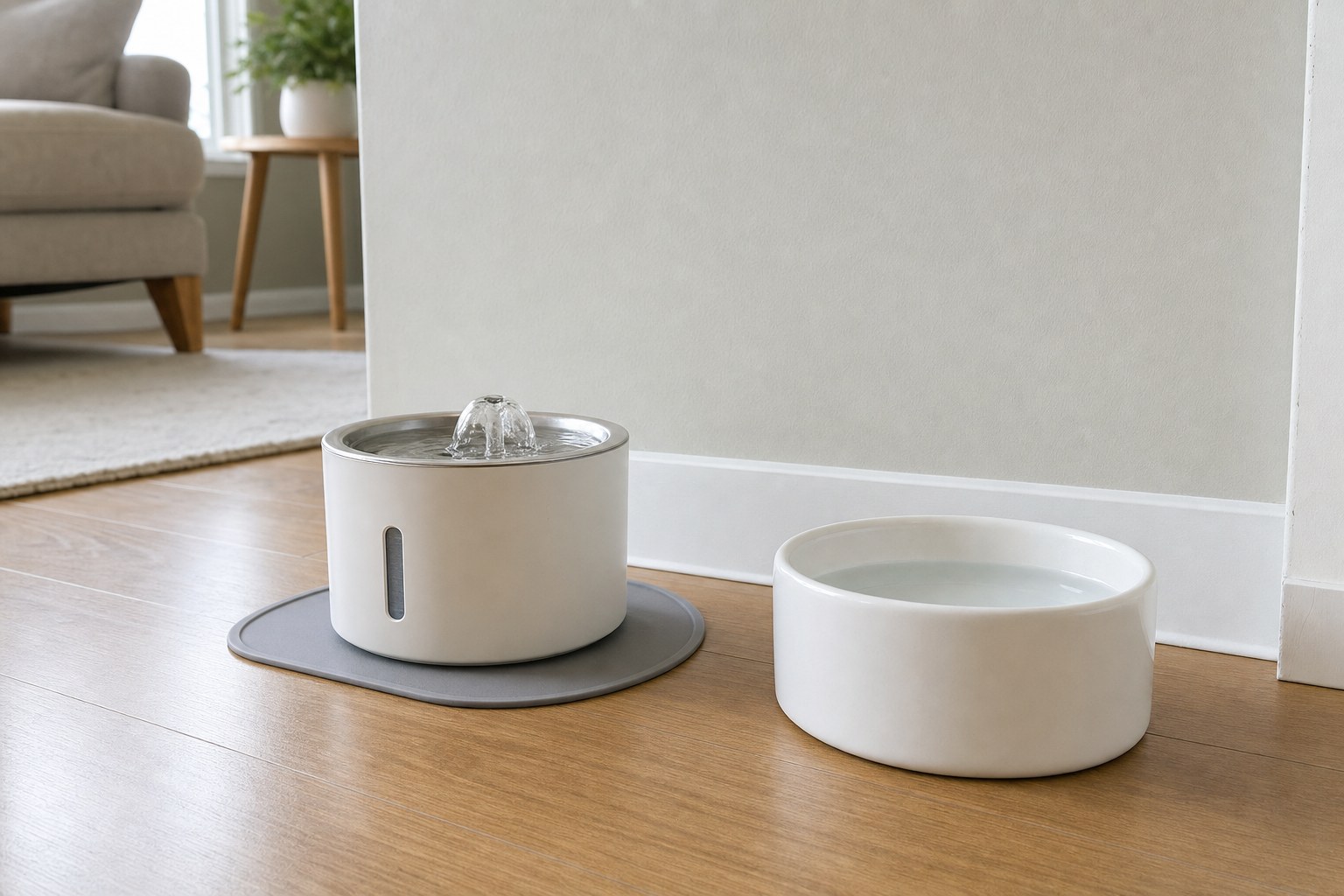 Clean cat water fountain and separate ceramic back-up bowl in a quiet home
