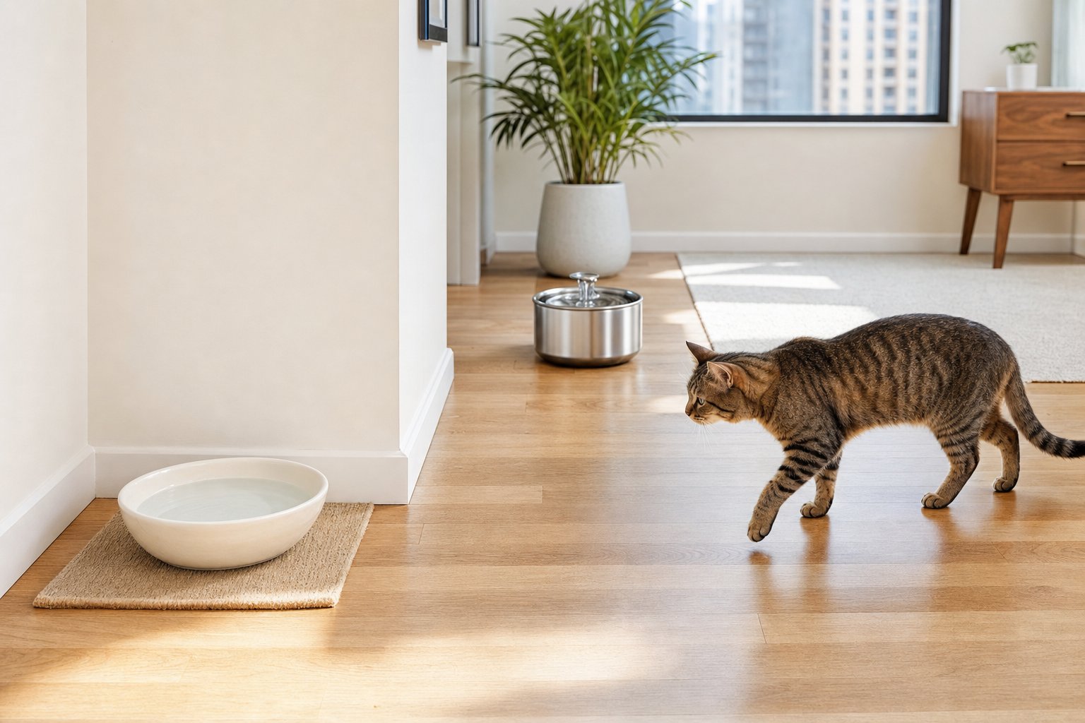 Cat walking between a ceramic water bowl and a separate pet water fountain