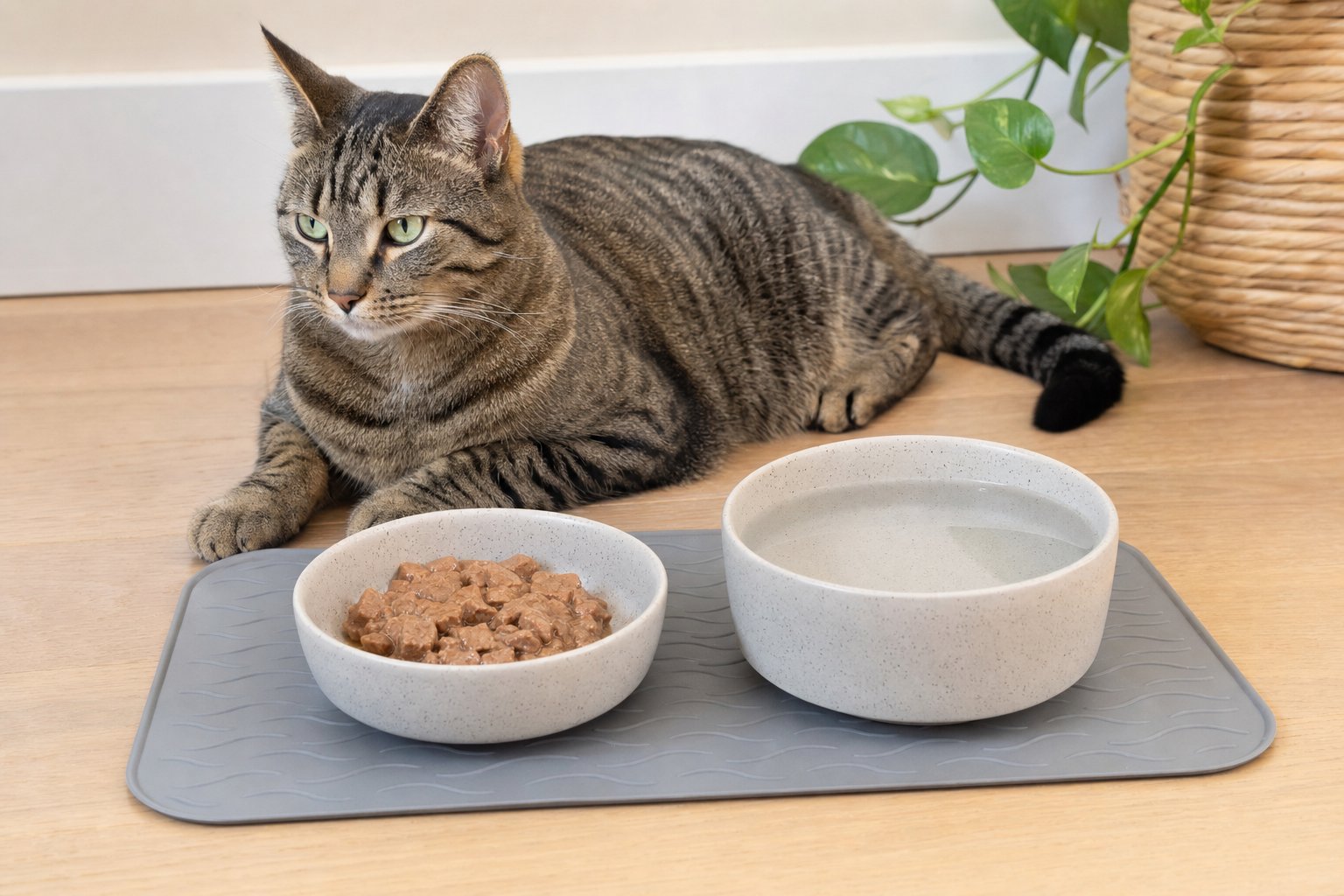 Tabby cat resting beside wet cat food and a full water bowl