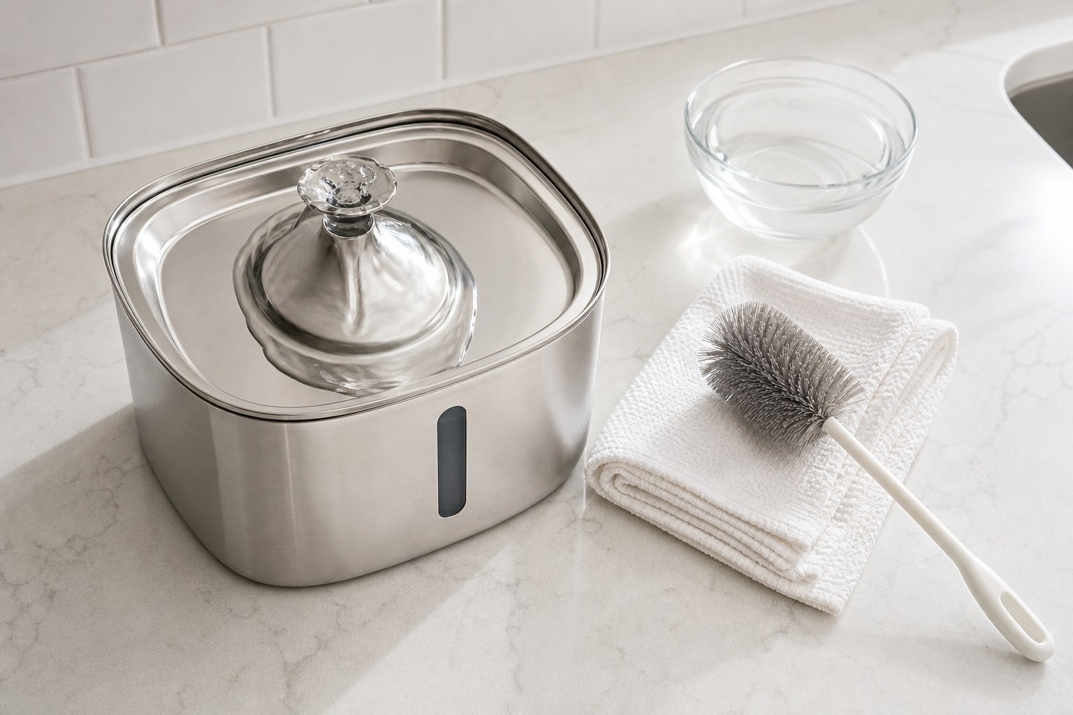 Clean stainless steel pet fountain with a brush and folded towel