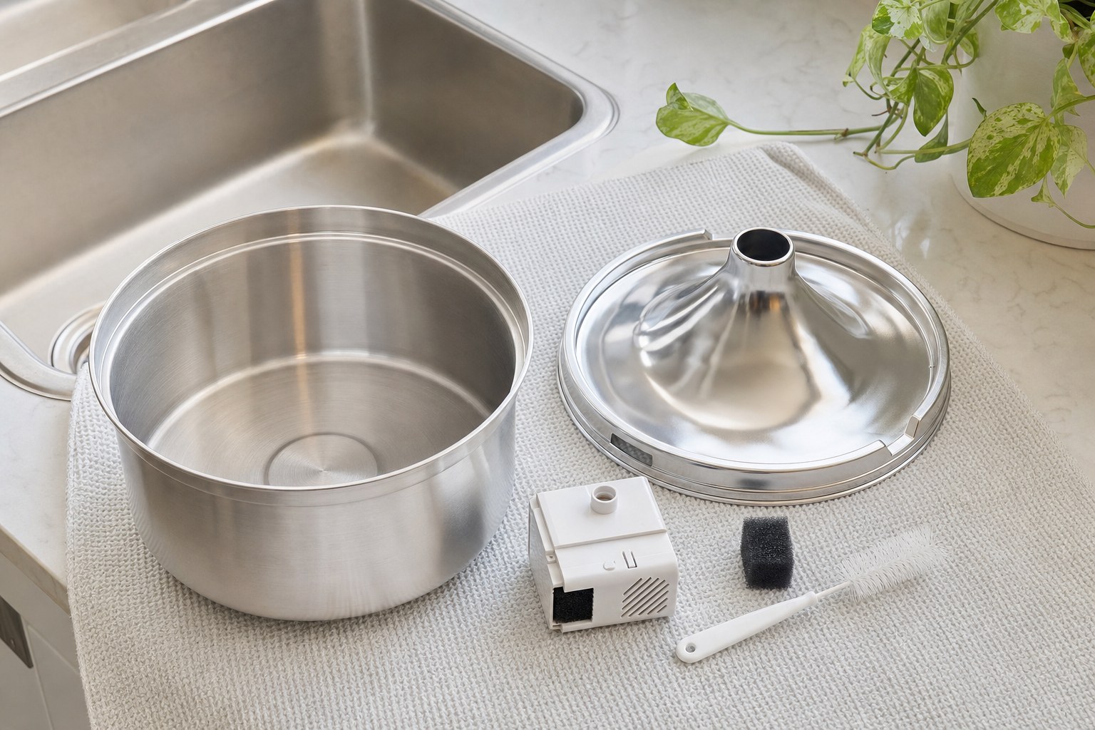 Disassembled stainless steel pet fountain beside a soft brush and clean towel