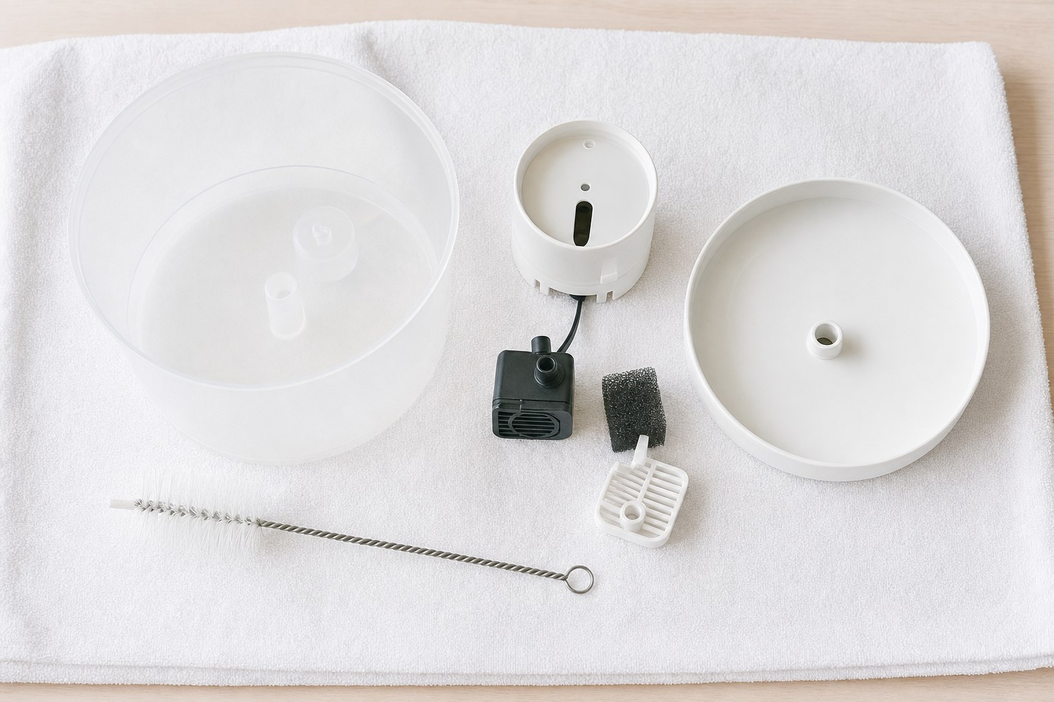 Disassembled water fountain parts and a cleaning brush on a white towel