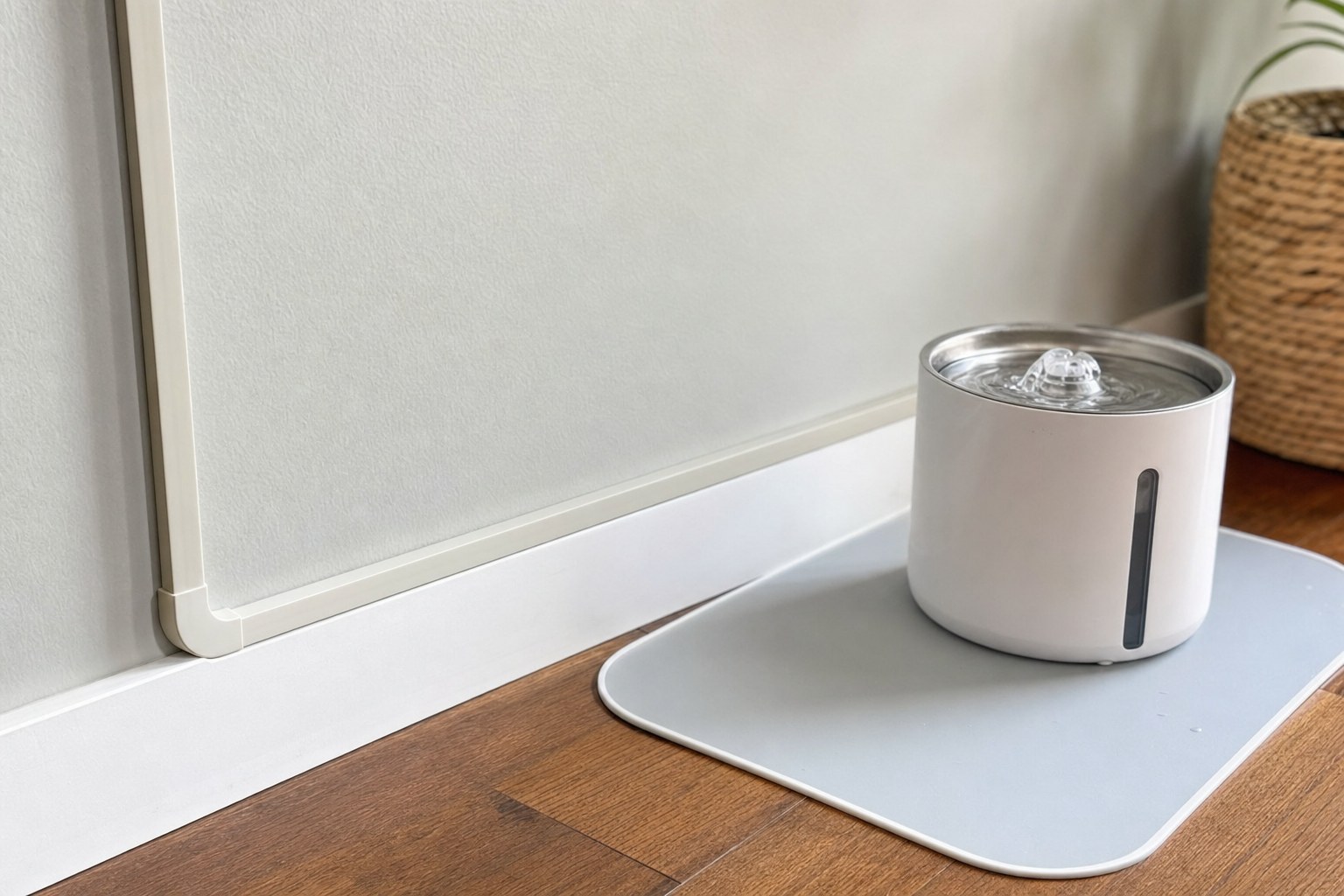 Pet water fountain beside a protected power cord routed along a baseboard
