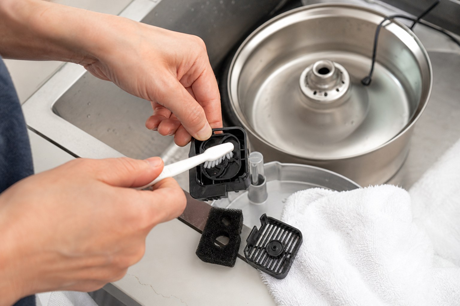 Hands cleaning the removable pump cover of a pet water fountain