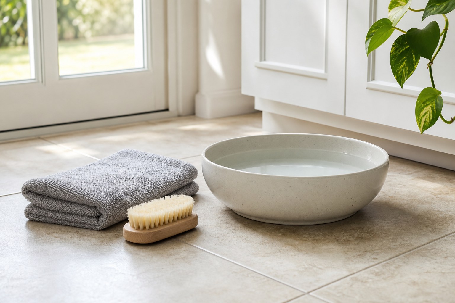 Clean shallow ceramic water bowl beside a towel and soft cleaning brush