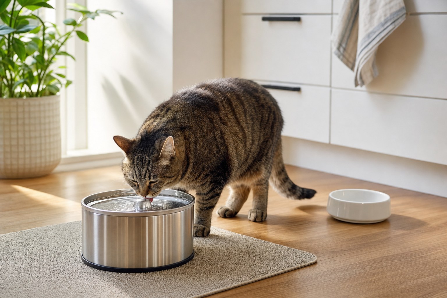 Tabby cat drinking from a stainless steel pet water fountain beside a ceramic water bowl