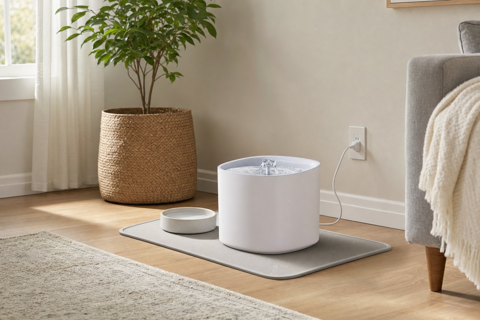 Pet water fountain and back-up bowl placed on a mat in a quiet living room corner