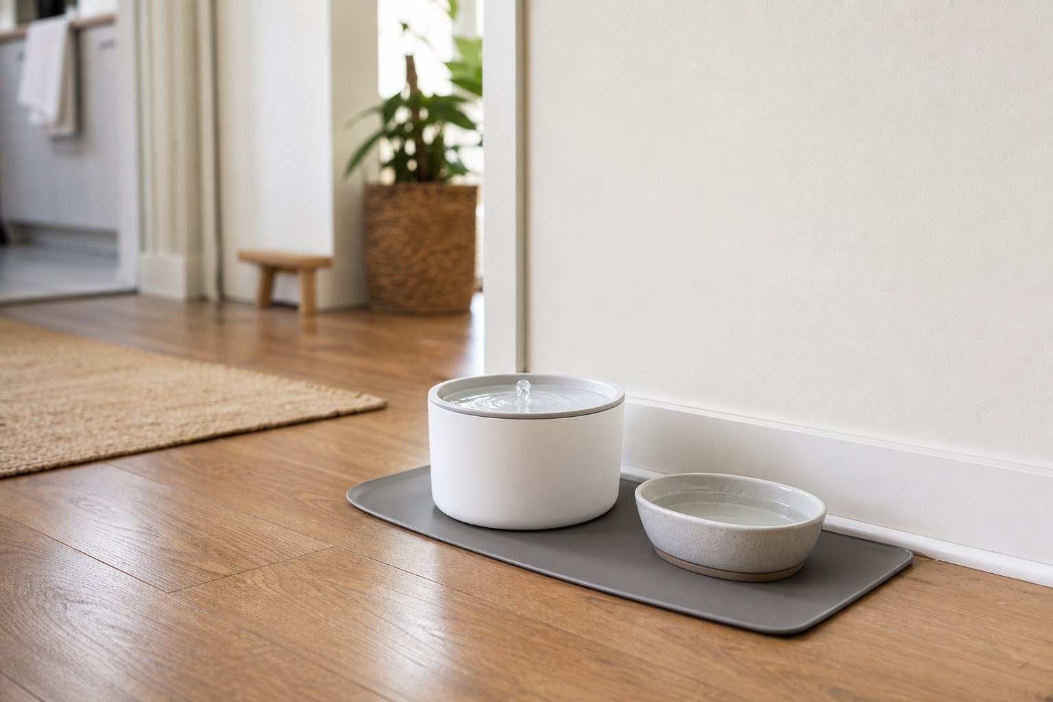 Pet water fountain and a separate backup water bowl on a floor mat