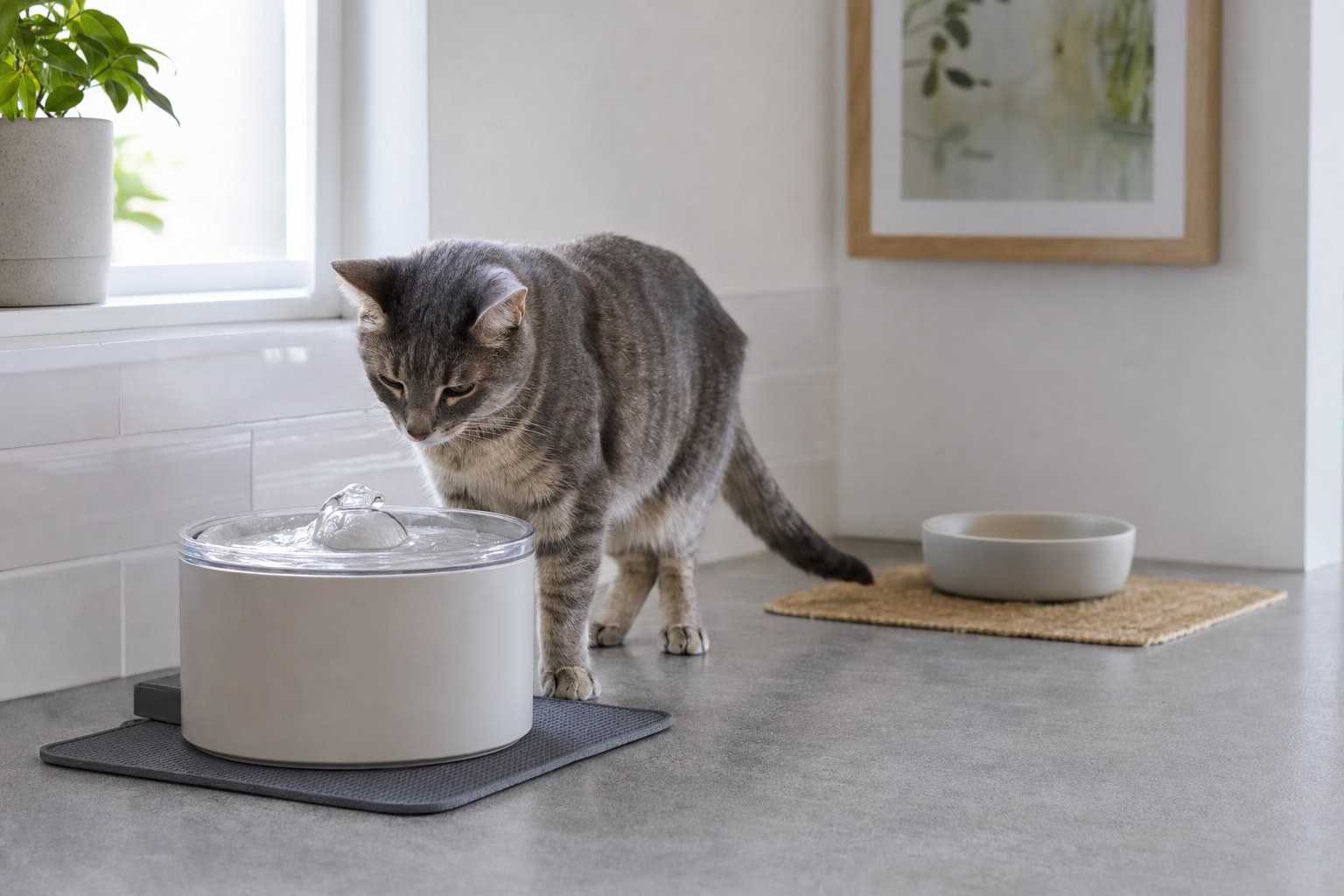 Gray tabby cat inspecting a filled pet water fountain with a second bowl nearby