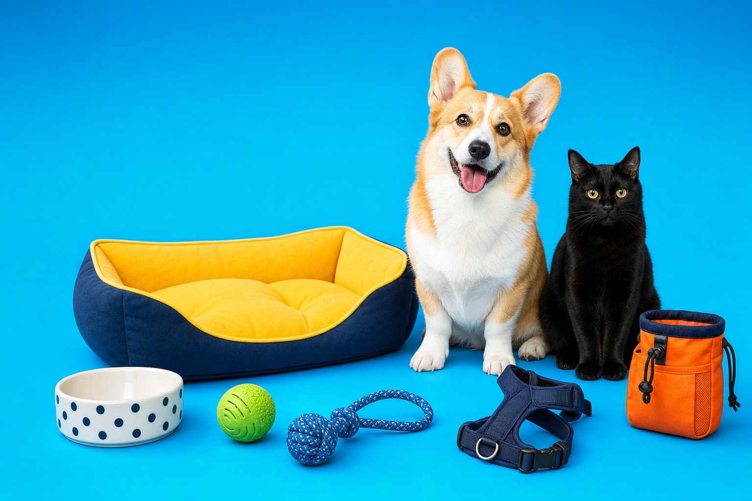 A corgi and black cat surrounded by colorful pet essentials