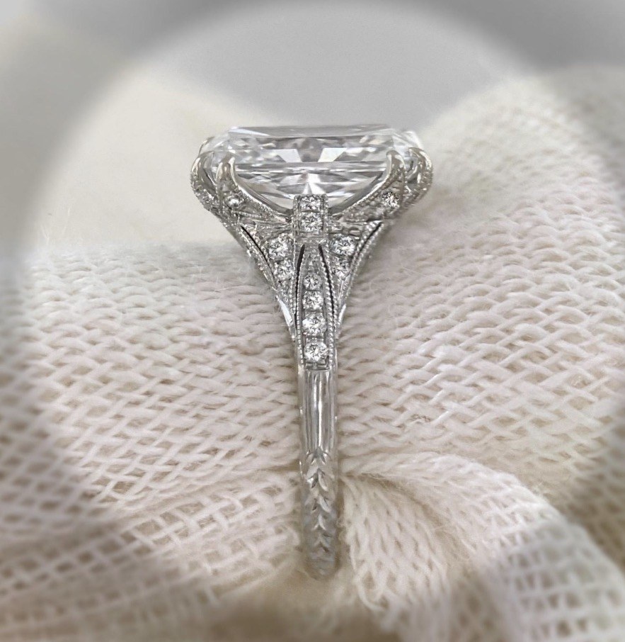Close-up of an Edwardian-inspired diamond engagement ring