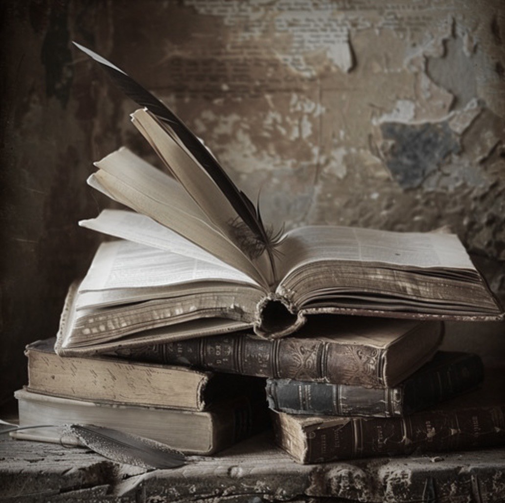 Open antique book with feather quills resting on a stack of weathered books