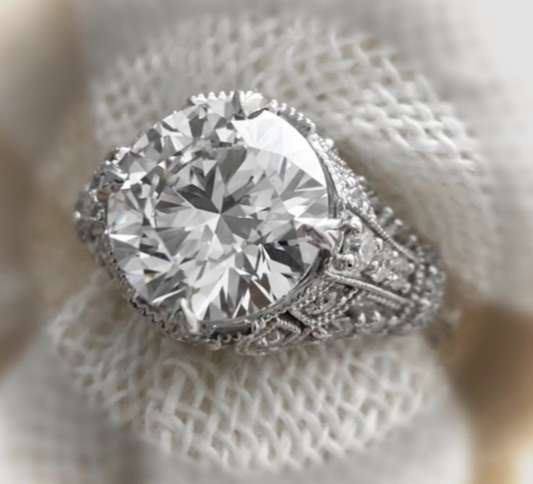 Close-up of a vintage-inspired diamond engagement ring