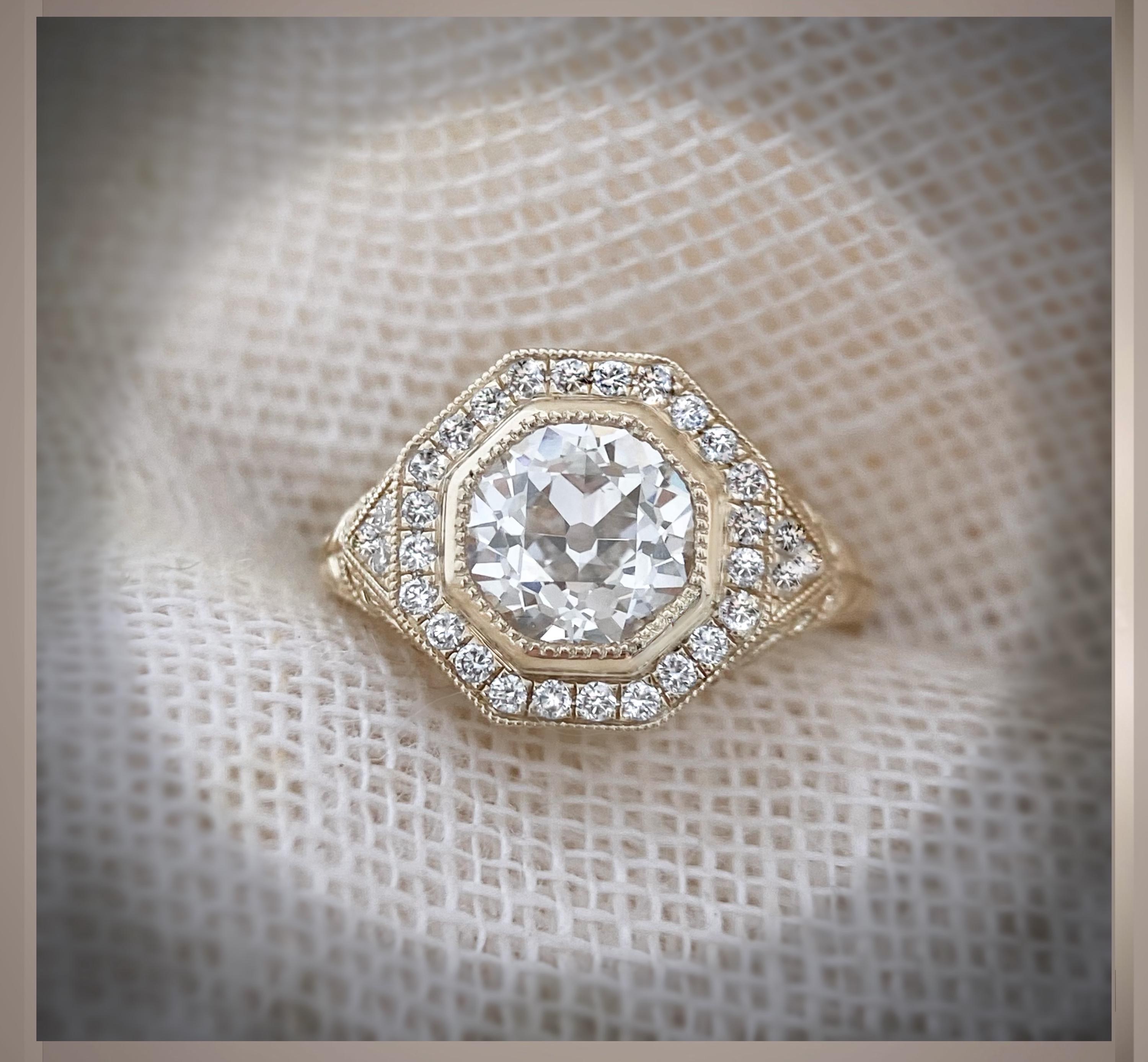 Octagonal Art Deco-inspired diamond engagement ring with a geometric profile