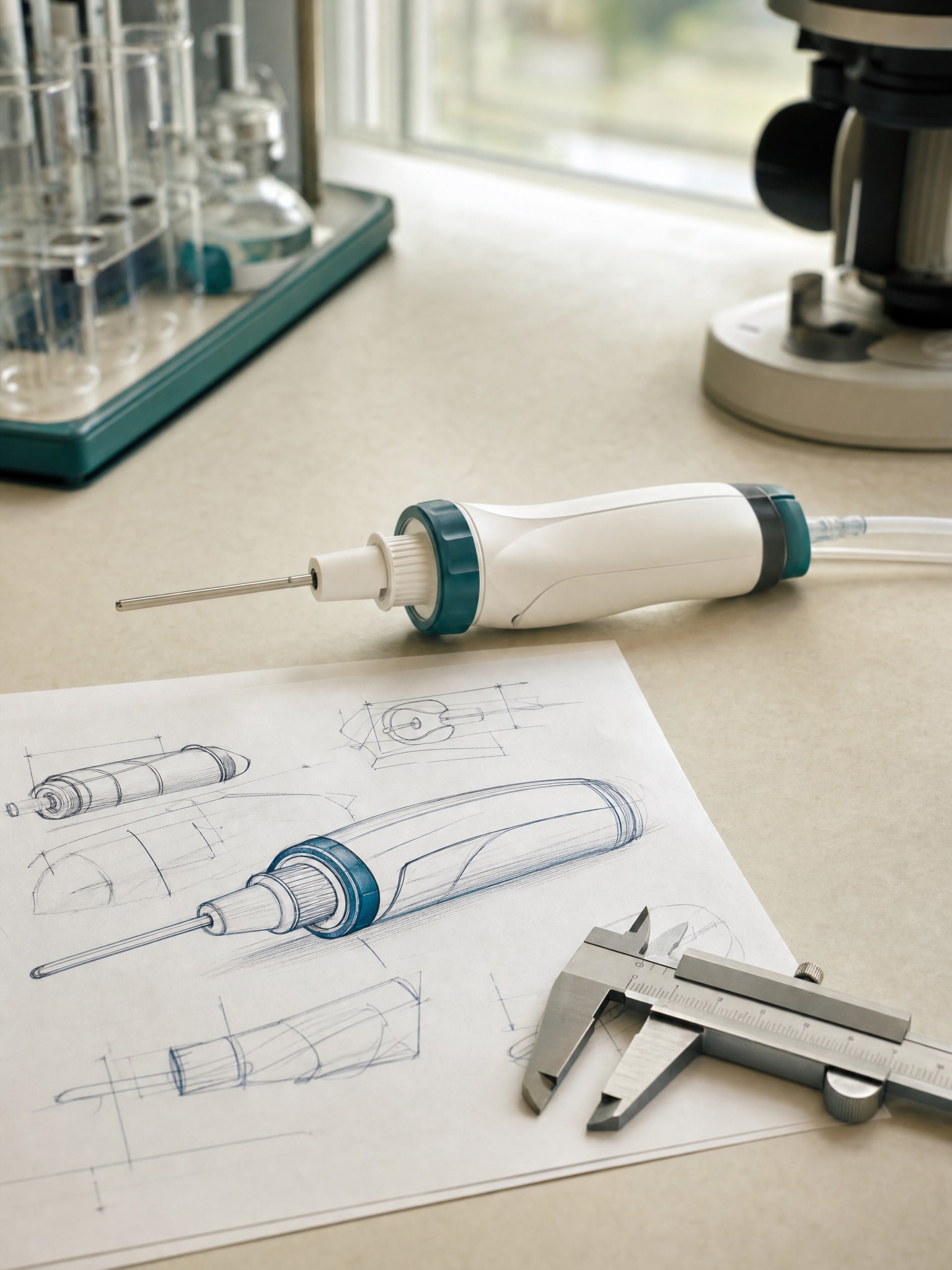 Early medical device prototype with engineering tools on a laboratory workbench