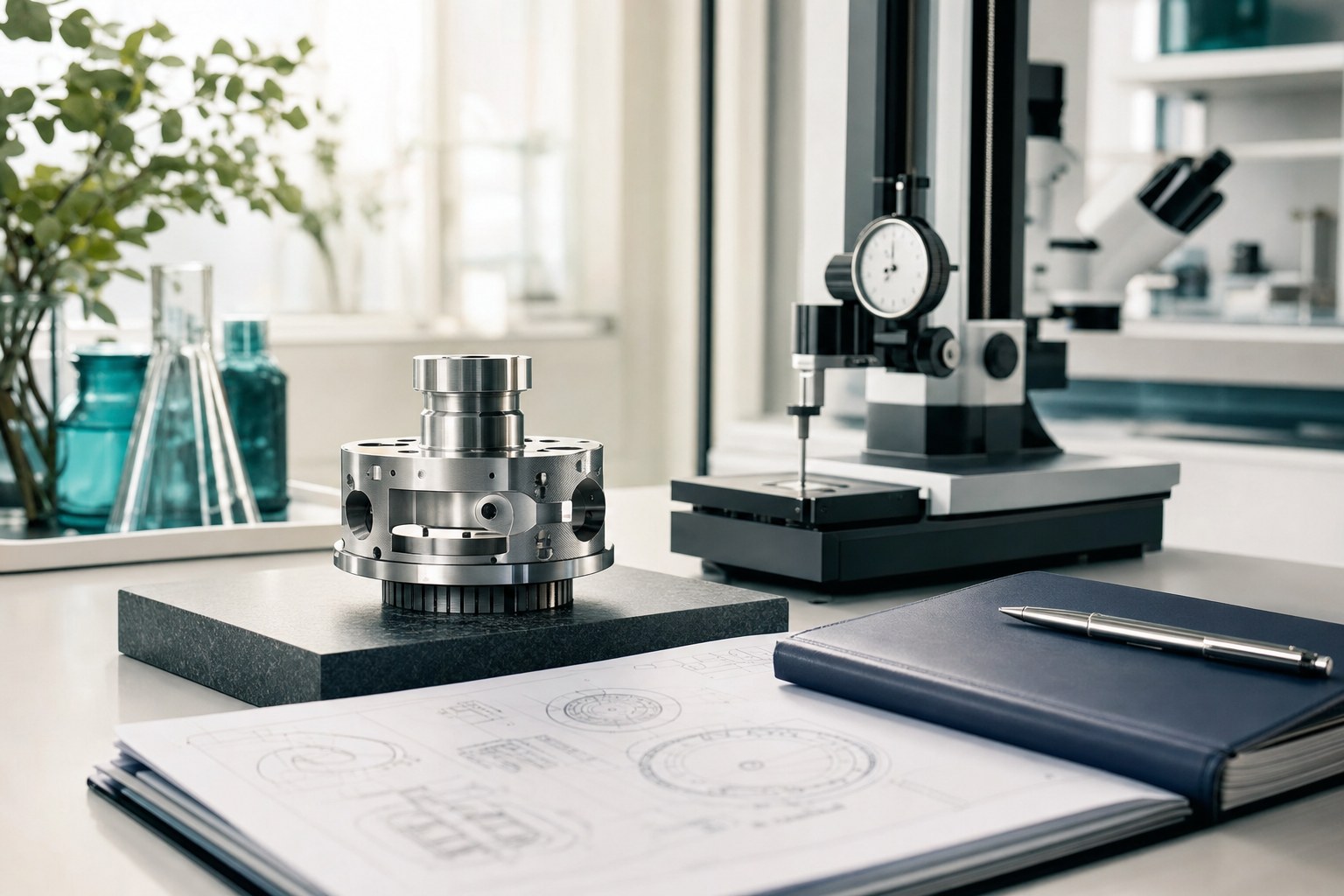 Precision engineering component and calibrated measurement equipment in a life sciences workspace