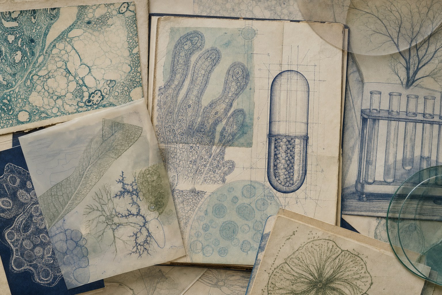Scientific notebook collage with microscopy studies and engineering forms