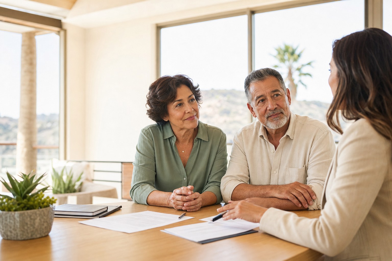 Couple meeting with an insurance advisor at a sunlit table