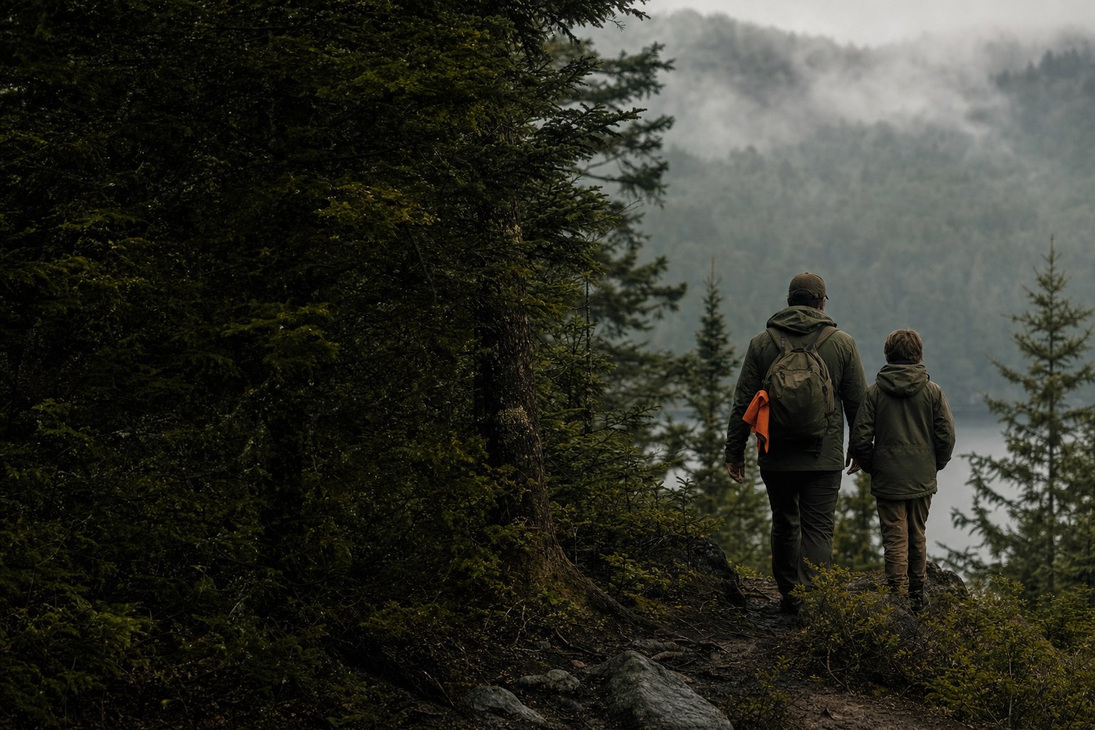 An adult and young person walking together through a misty New Hampshire forest