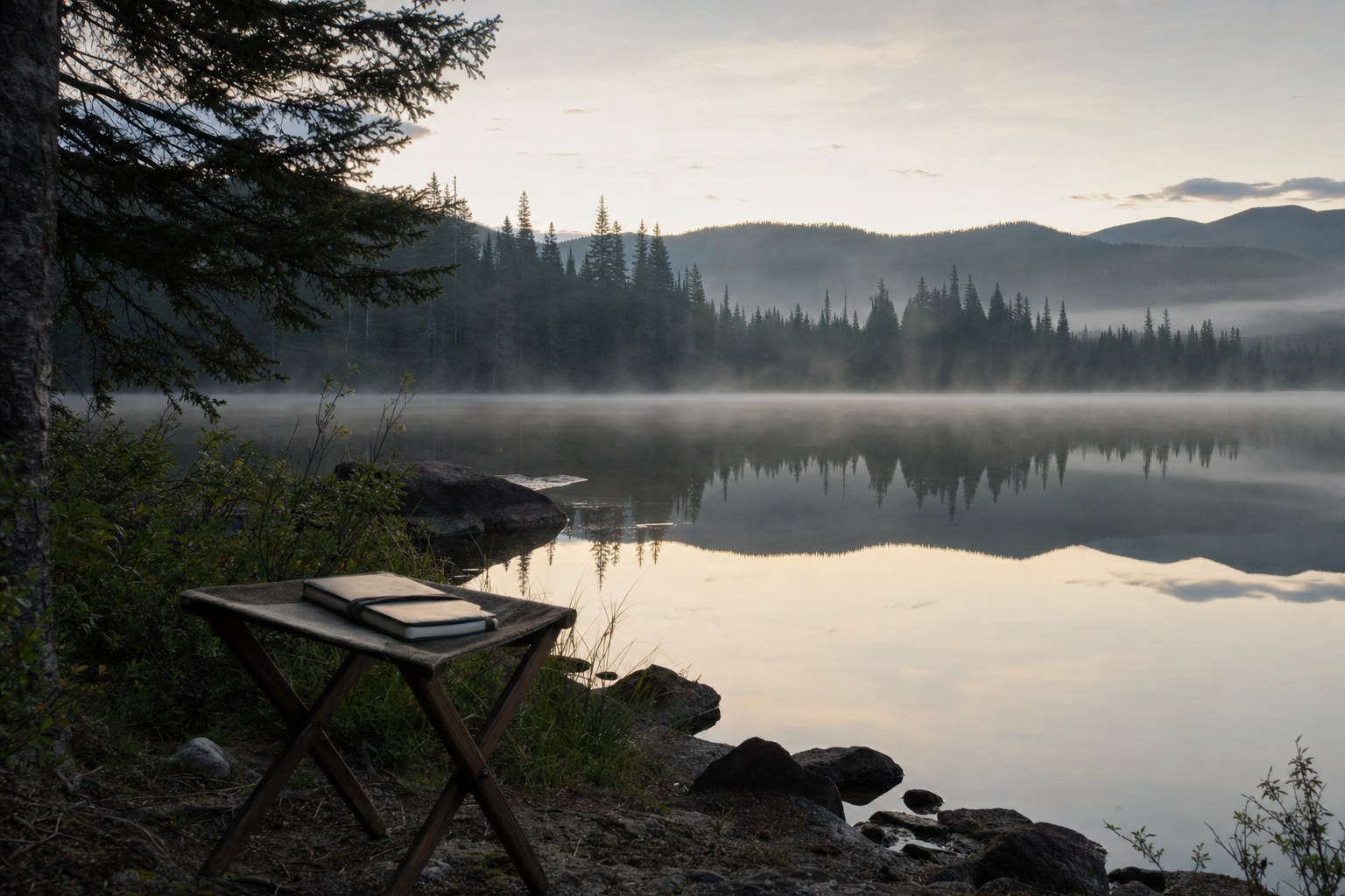 Quiet lake and pine ridgeline at dawn in New Hampshire
