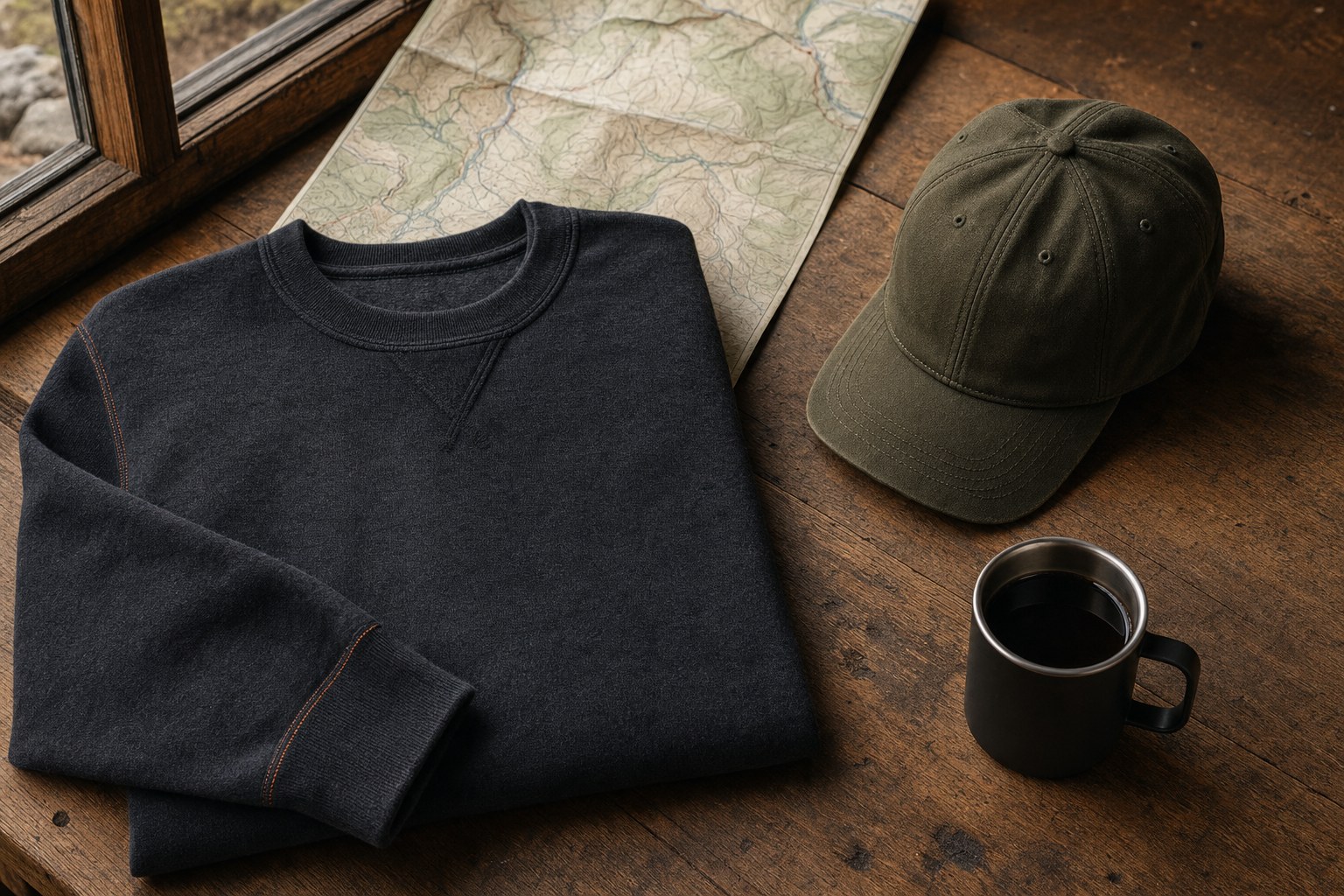 Outdoor apparel, cap, map, and camp mug on a wood table