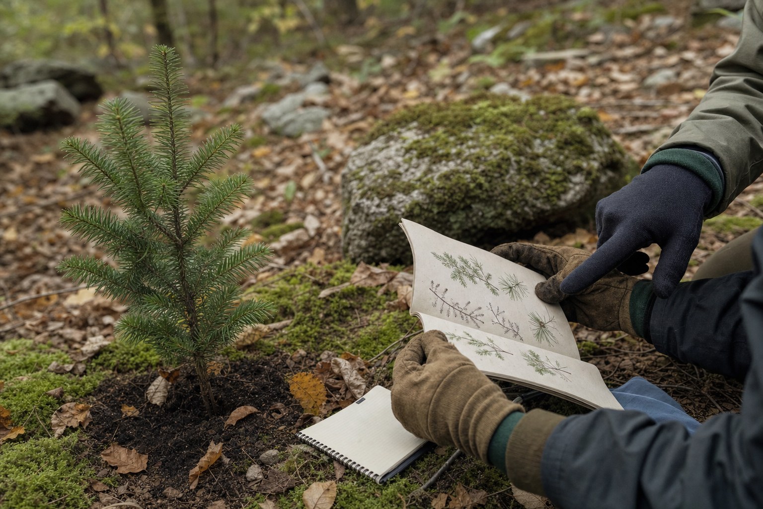 Hands studying a field guide beside a young evergreen tree