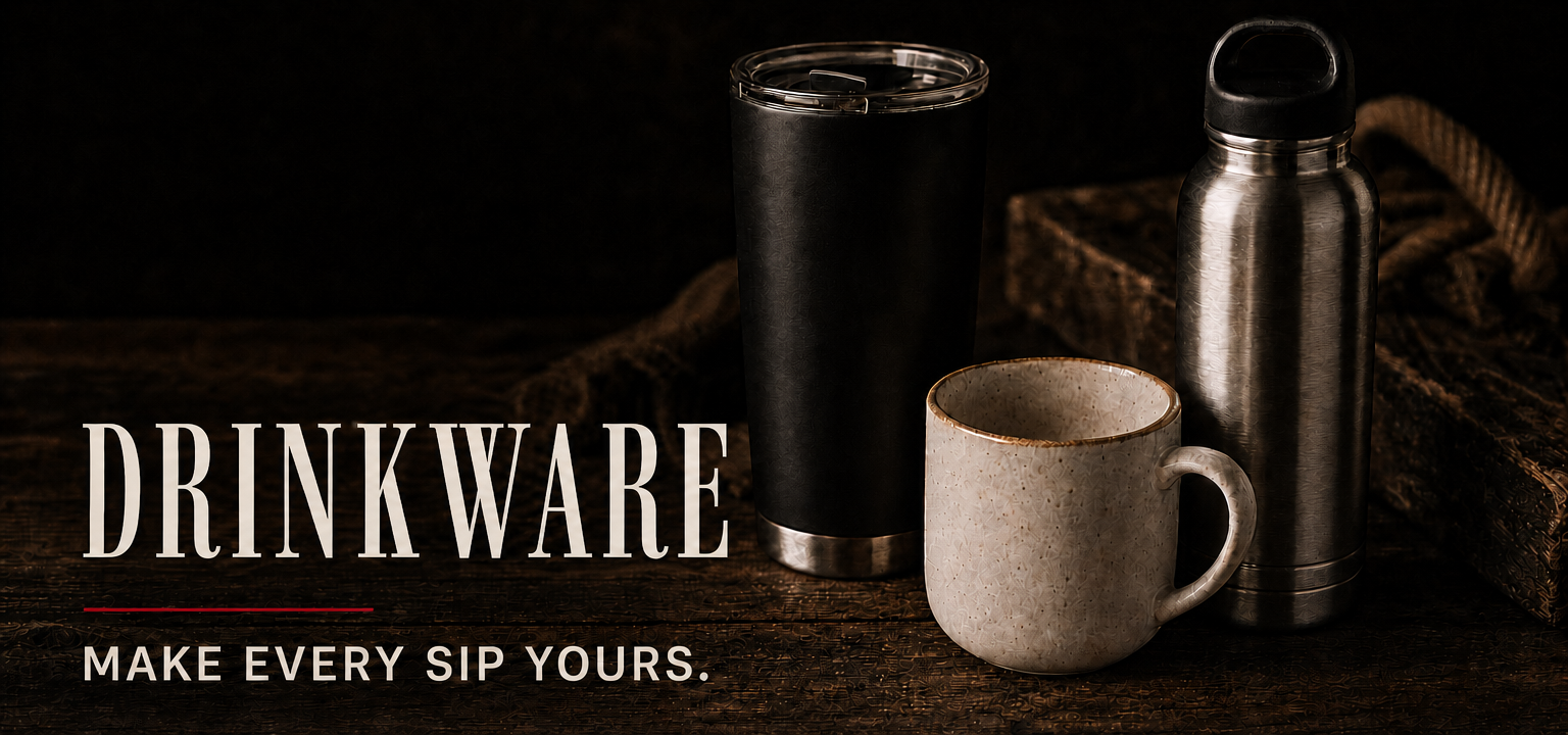Drinkware. Make every sip yours. Editorial inspiration: a tumbler, mug and sports bottle.