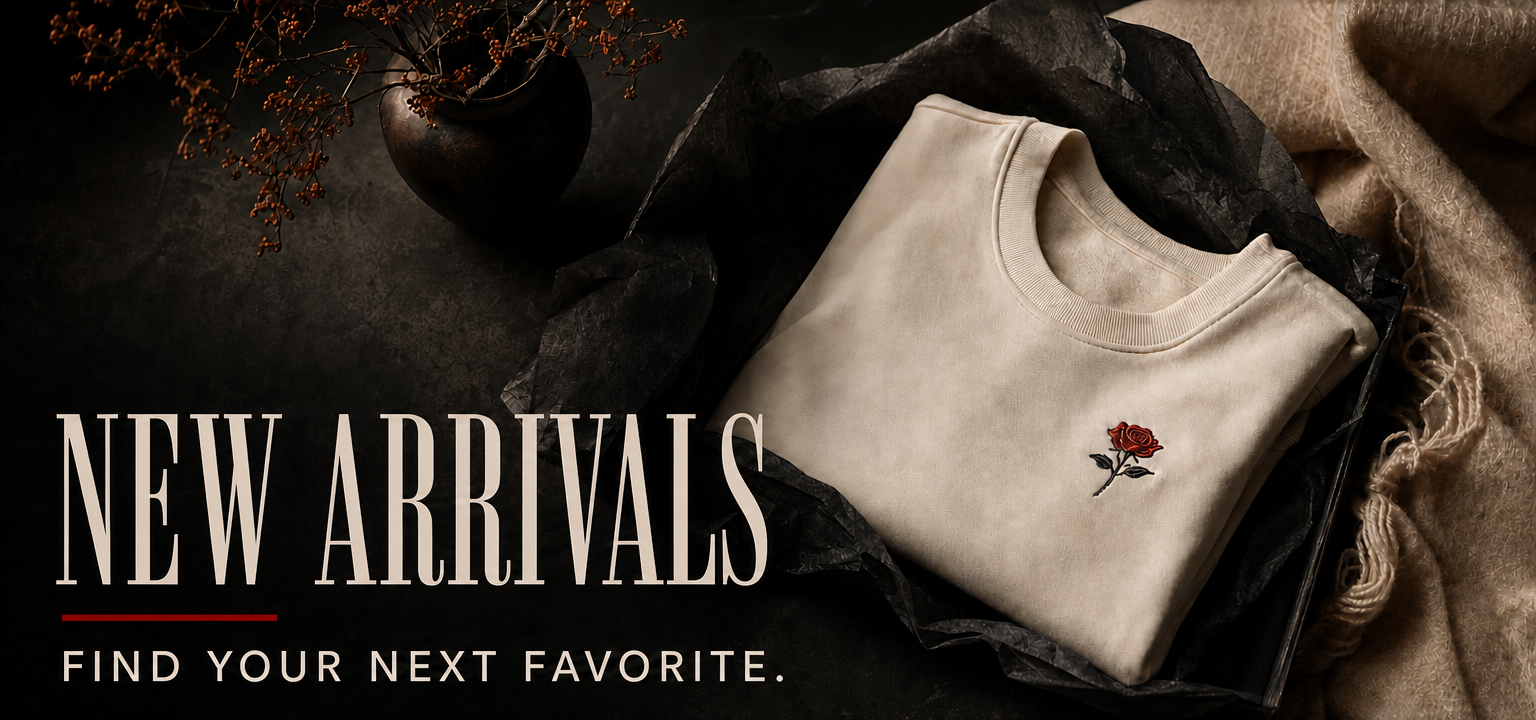 New Arrivals. Find your next favorite. Editorial design inspiration: an ivory sweatshirt with a rose.