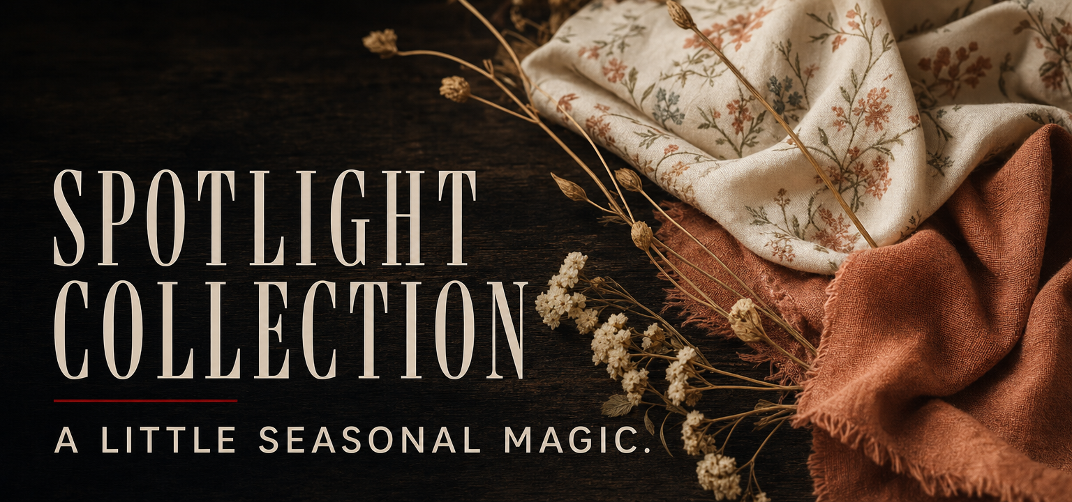 Spotlight Collection. A little seasonal magic. Editorial inspiration: warm ivory and terracotta fabrics with delicate dried botanicals.