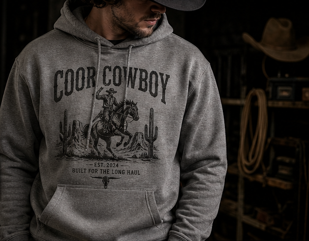 Western design inspiration: a cowboy wearing a gray graphic hoodie