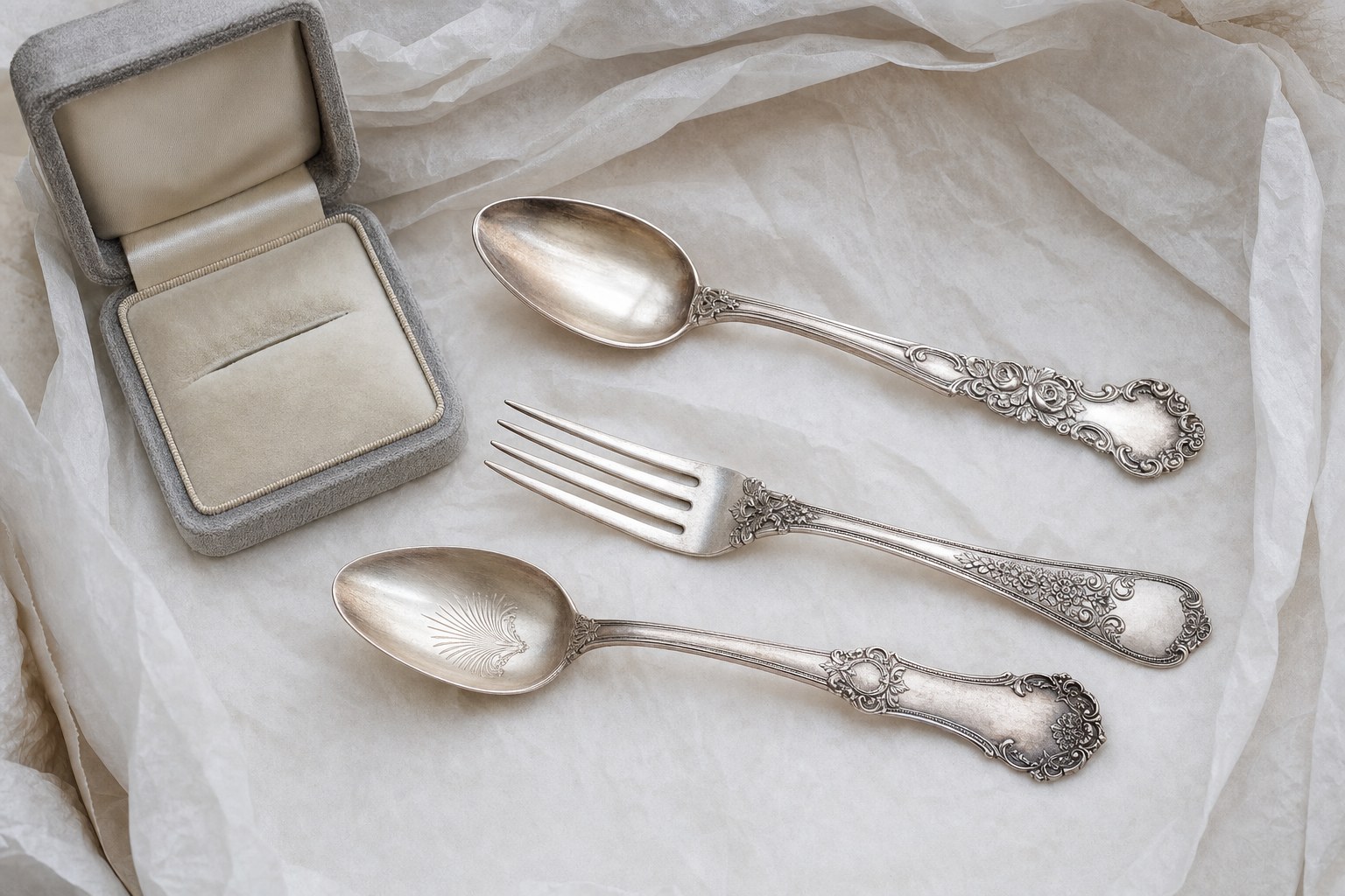 Three antique silverware pieces arranged beside an open keepsake box