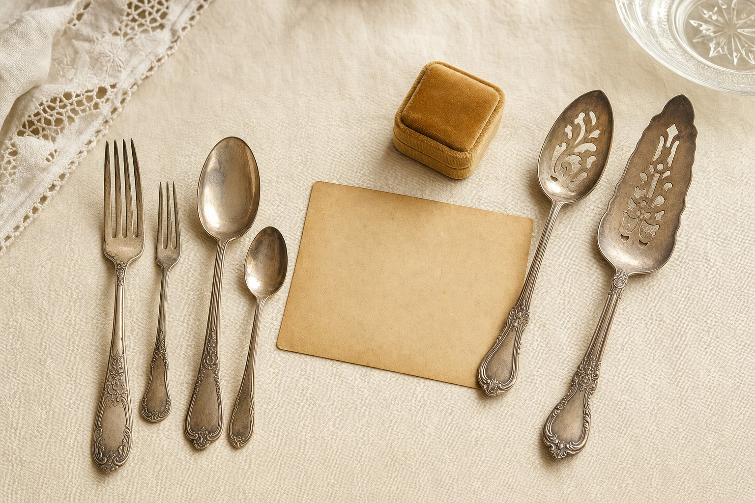 Vintage silverware and a keepsake box arranged on linen