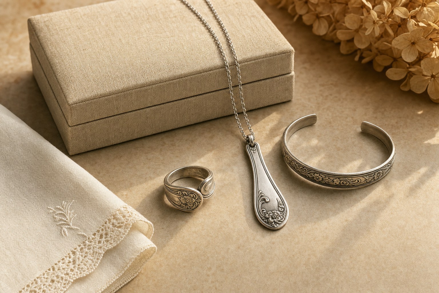 Silverware-inspired jewelry arranged with a linen keepsake box