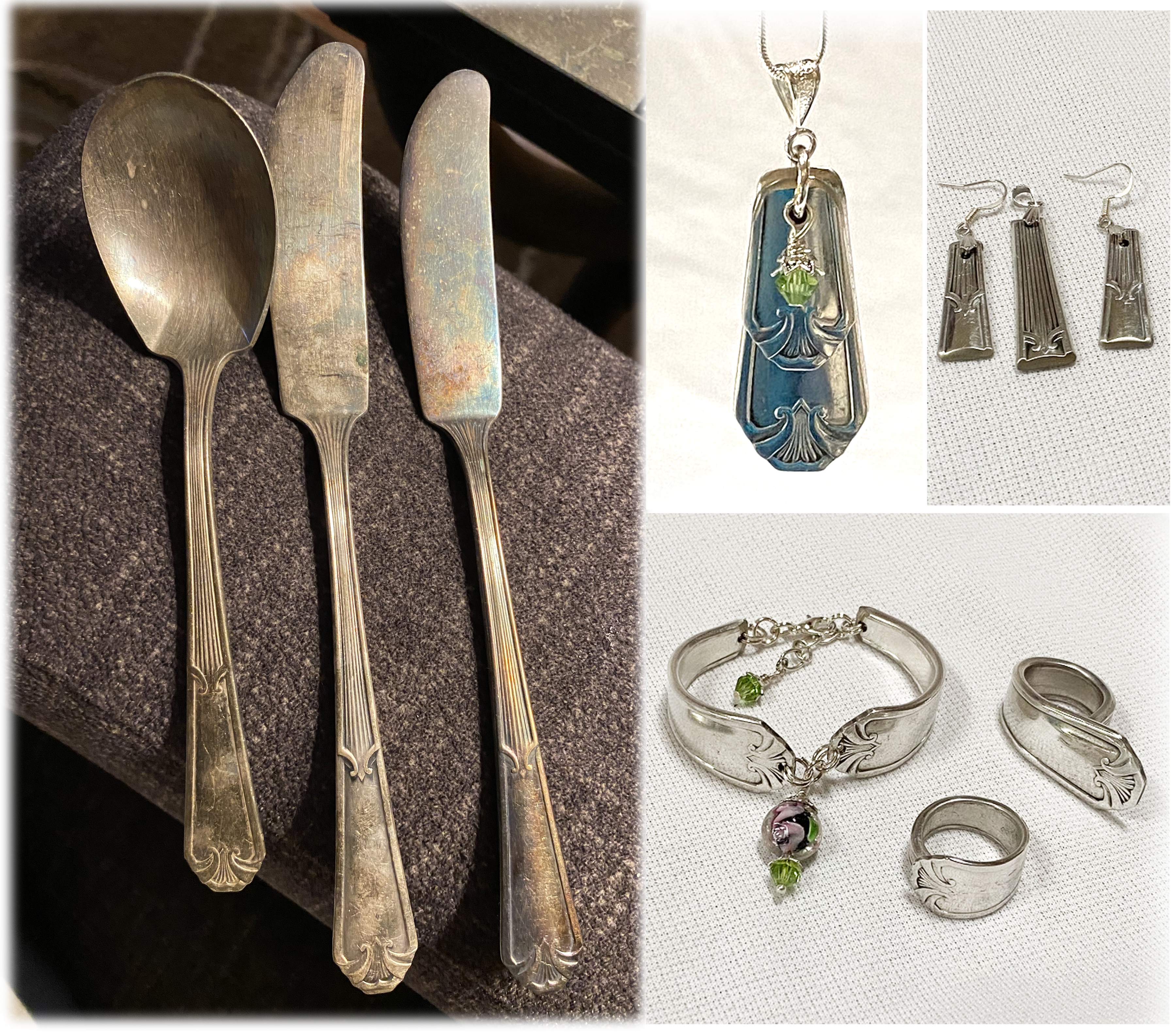 Family flatware transformed into a necklace, earrings, bracelet, and rings