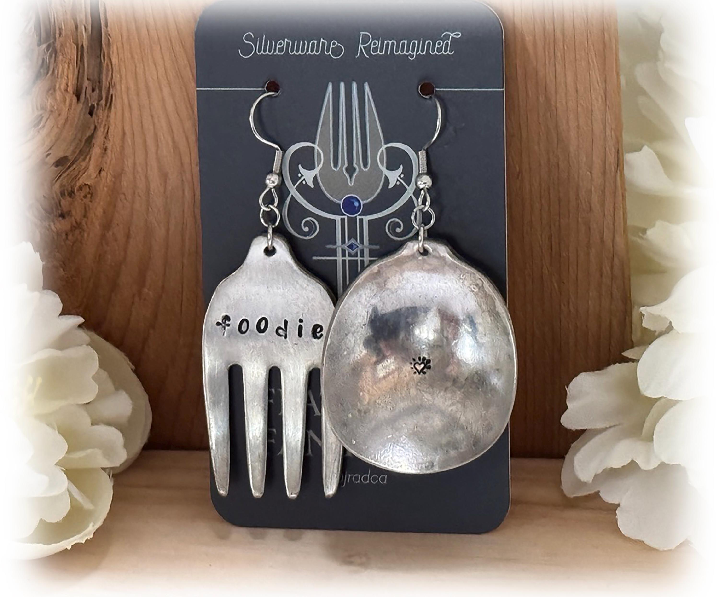 Vintage Rustic Spoon Fork Silverplate Earrings, Stamped Foodie, Chef Gift, Dangling Drop Earrings, Fork and Spoon