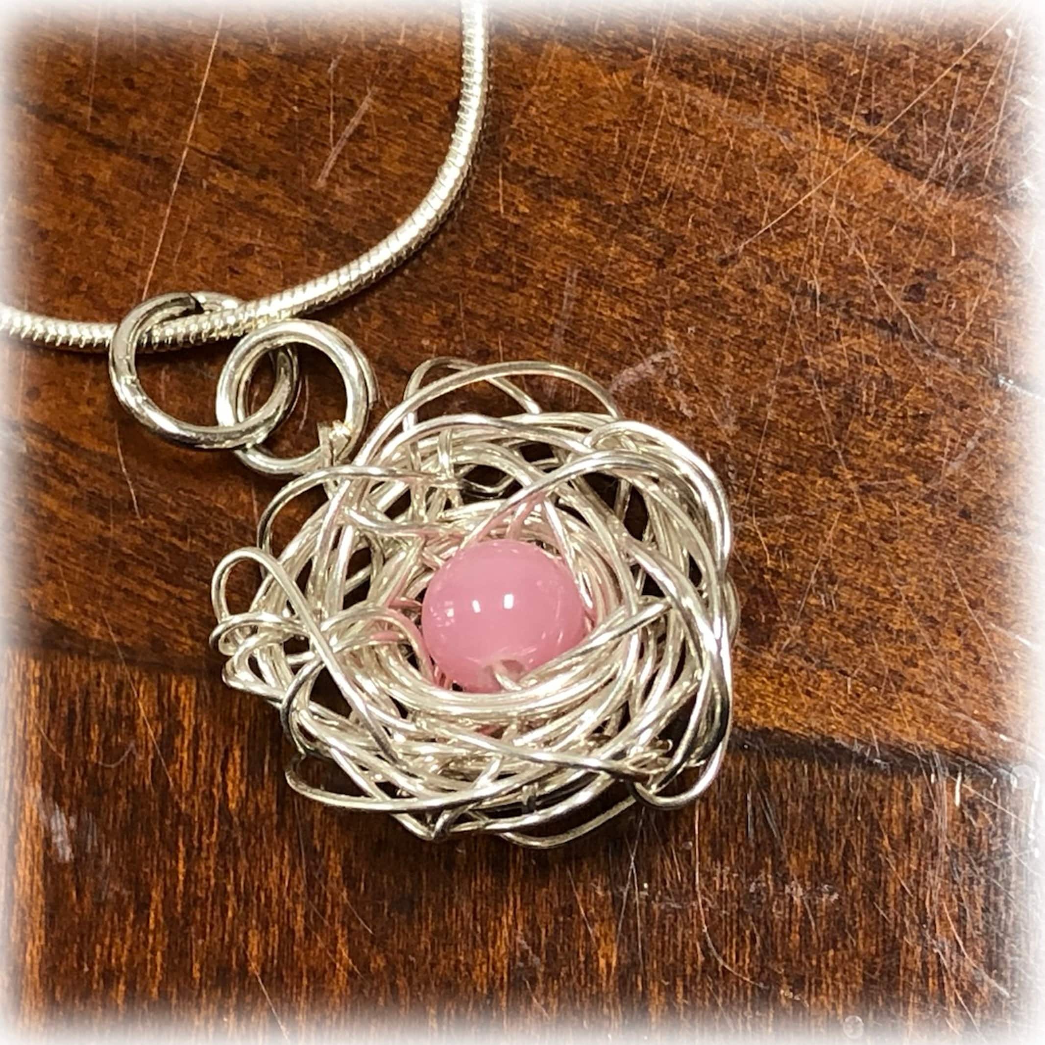 Silver Birdnest Bird Nest Pendant, 1 PINK Bead Egg, Silver Chain, Necklace, Baby Girl, Mom-to-Be Gift
