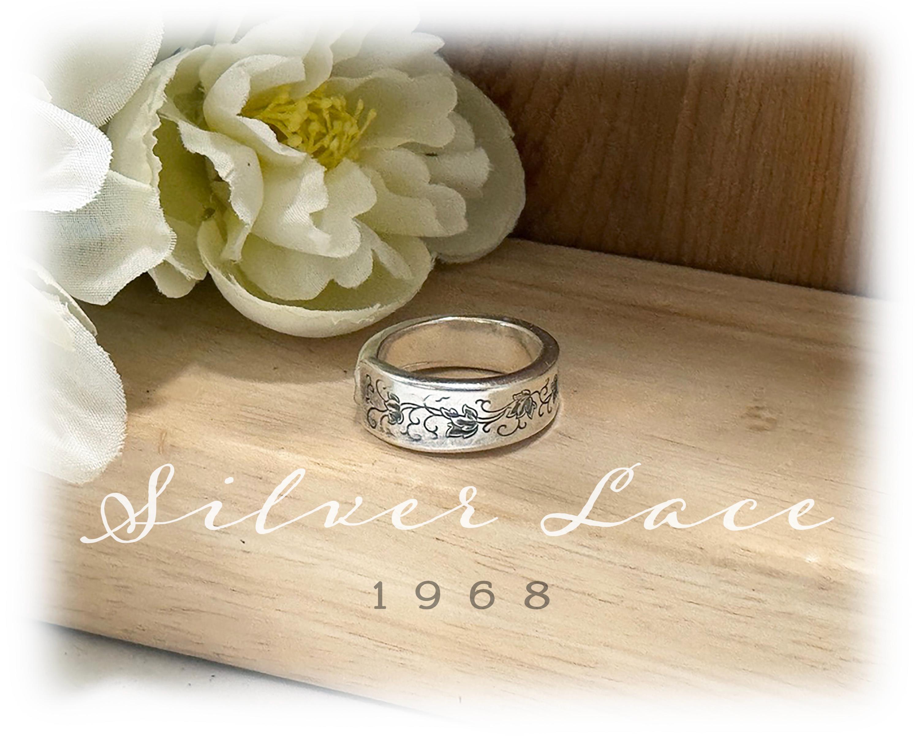 Mid Century Floral Silver Lace Spoon Ring, Silverplate Band, 1960s, Size 9.5