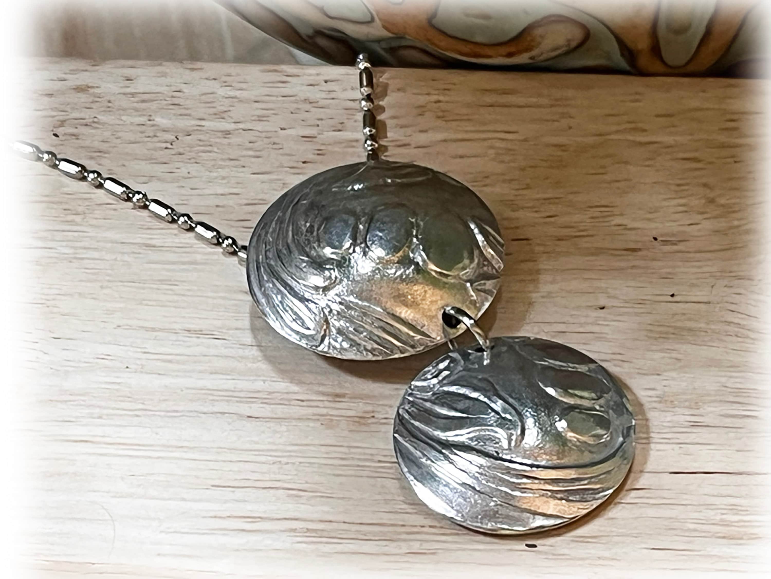 Domed Disc Double Pendant cut from Aluminum Tray, Round Floral Necklace, Upcycled Aluminum Jewelry, Unique Lightweight Pendant