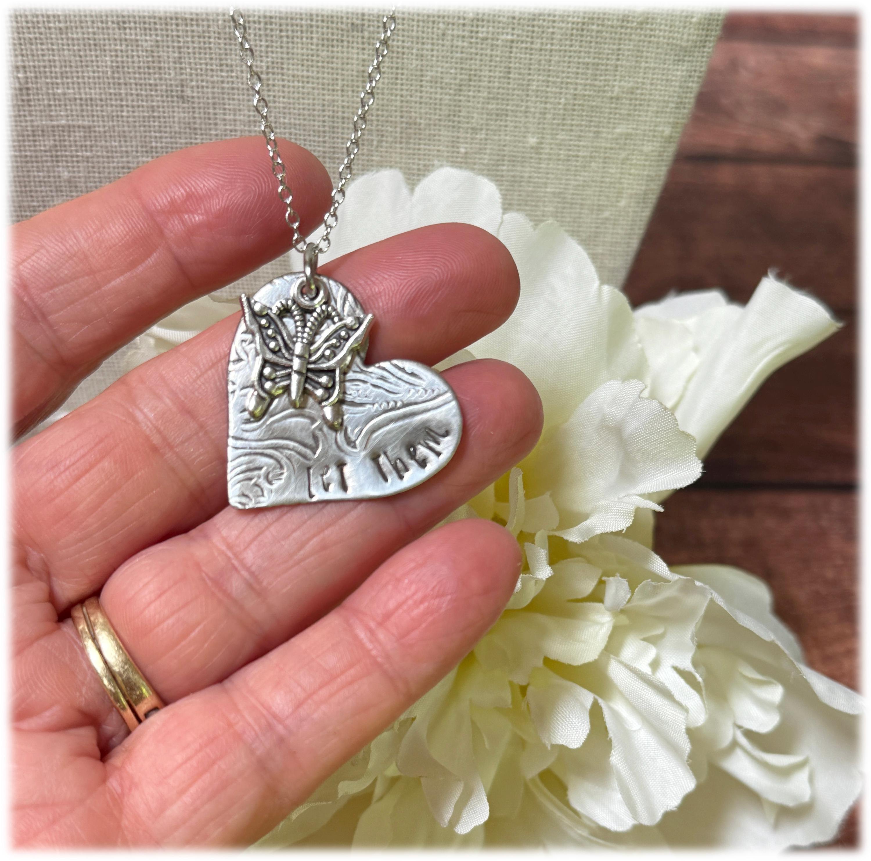Stamped Silverplate Heart Pendant: Butterfly Floral Design