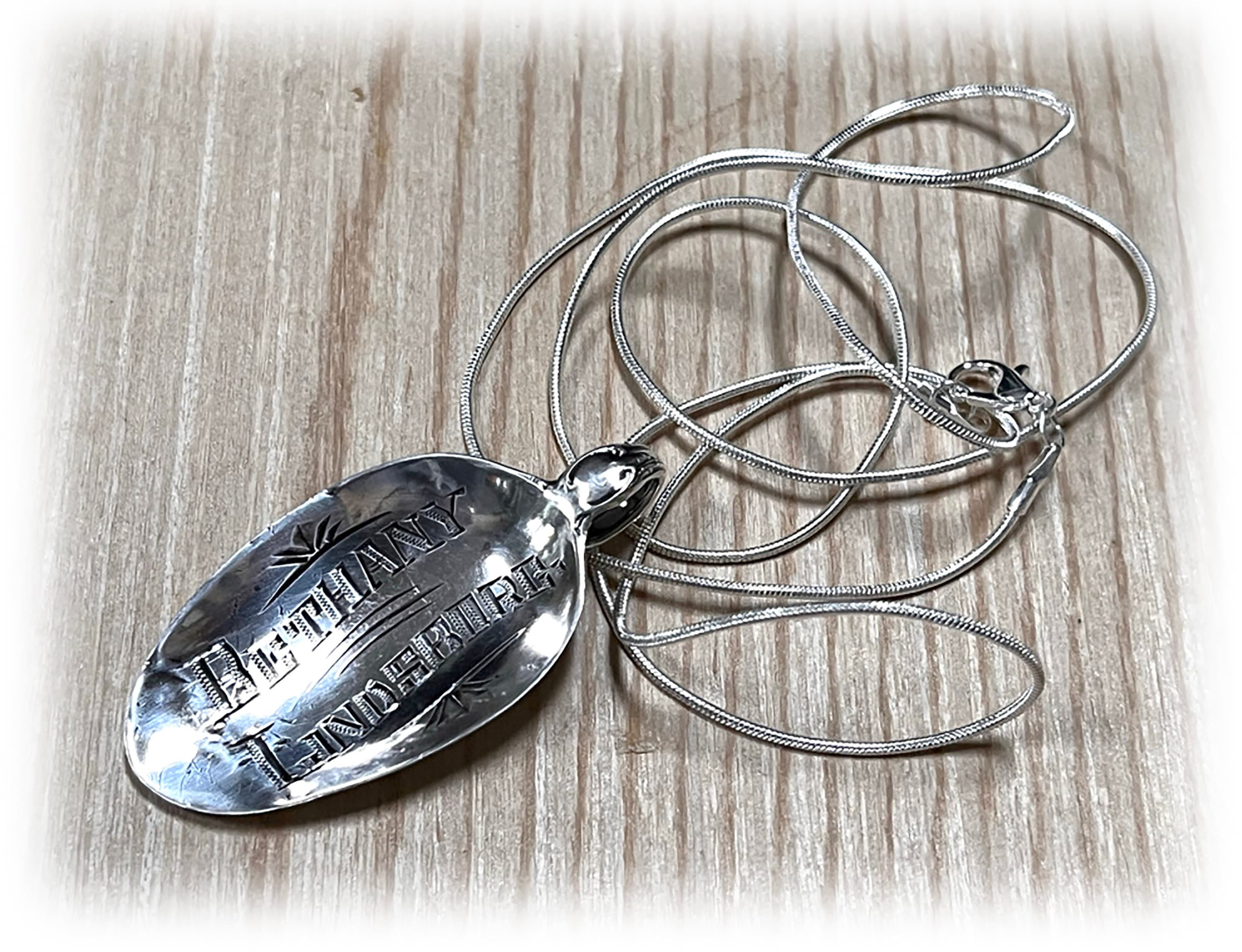 Antique Sterling Silver Bethany Lindsborg Engraved Souvenir Spoon Pendant, 1881