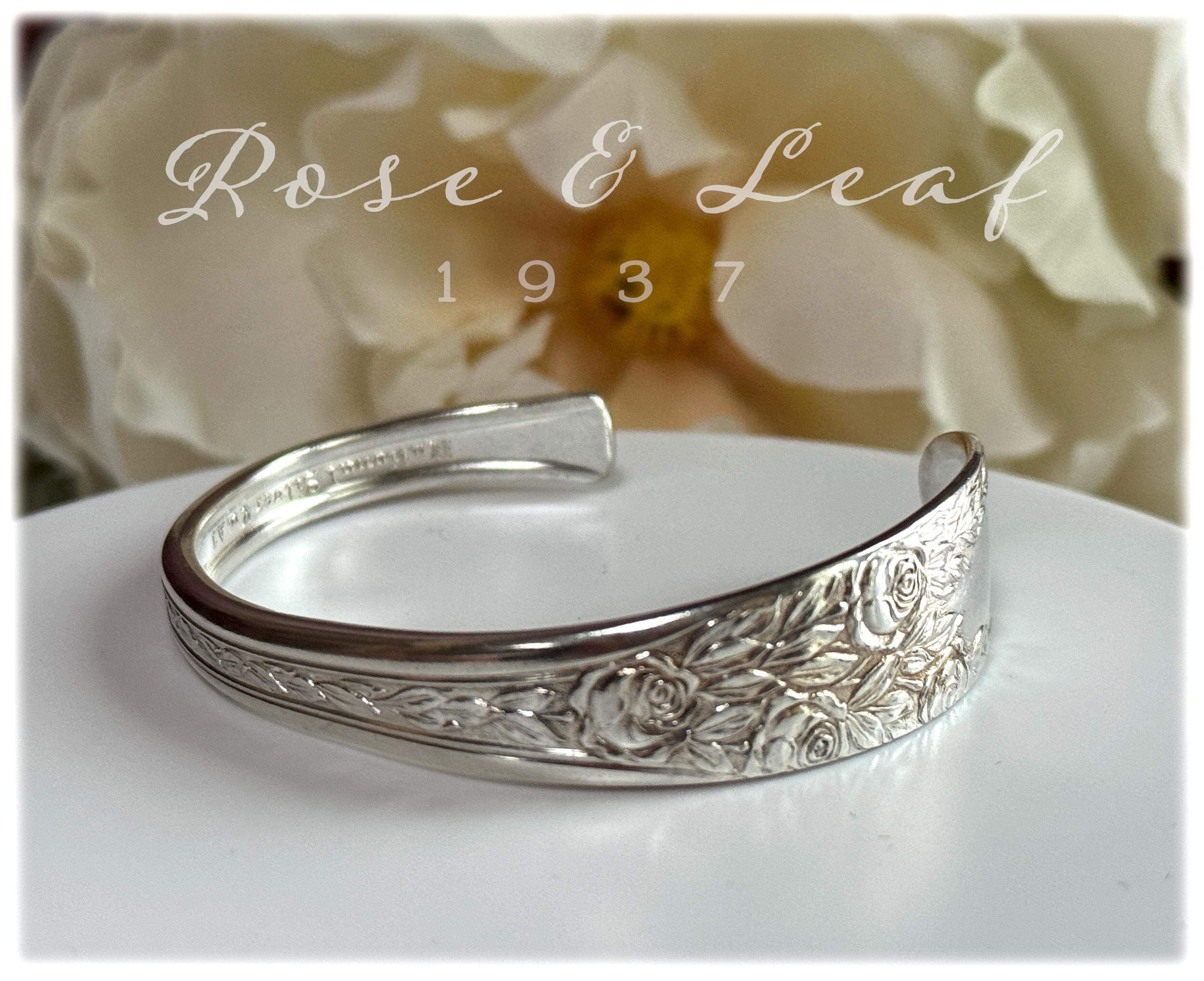 Vintage Spoon Cuff Bracelet, 1937 Rose and Leaf Silverplate, Floral Scroll Design