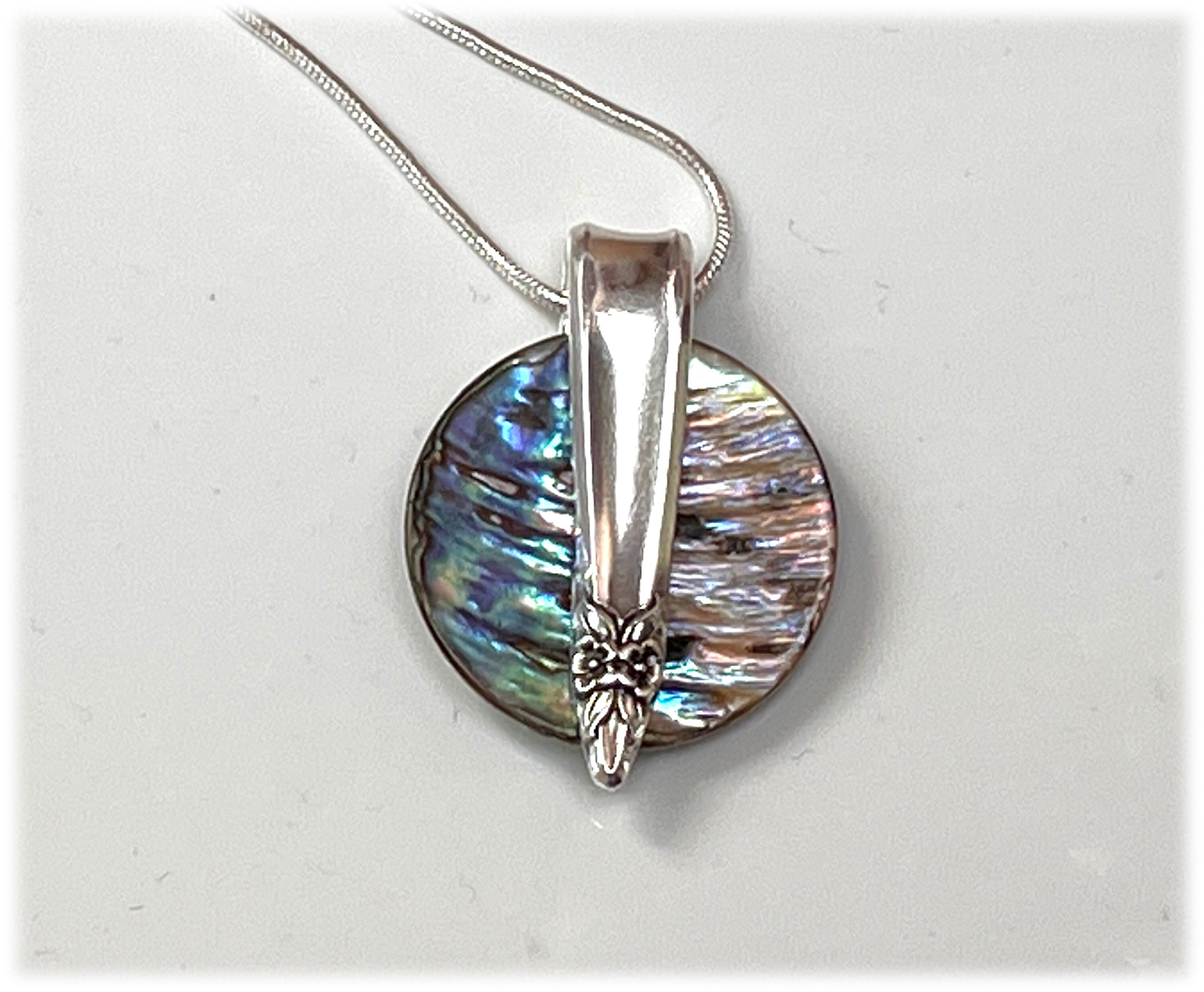 Abalone Garland Demitasse Pendant, Mid Century 1965 Silverplate, Rainbow Color Shell, Colorful Necklace