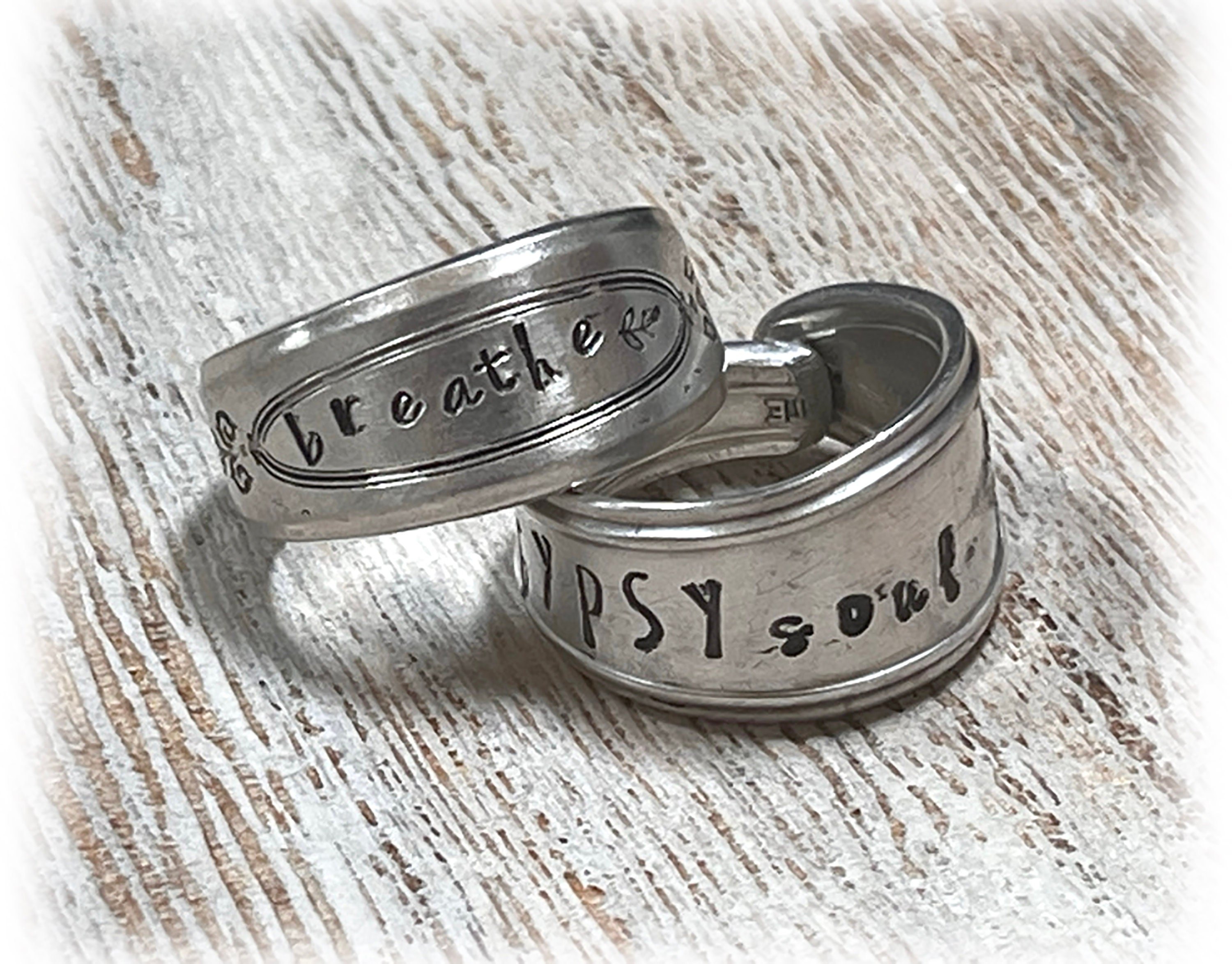 Stamped Silver Spoon Ring, Upcycled Antique Jewelry, Gypsy Soul, Breathe