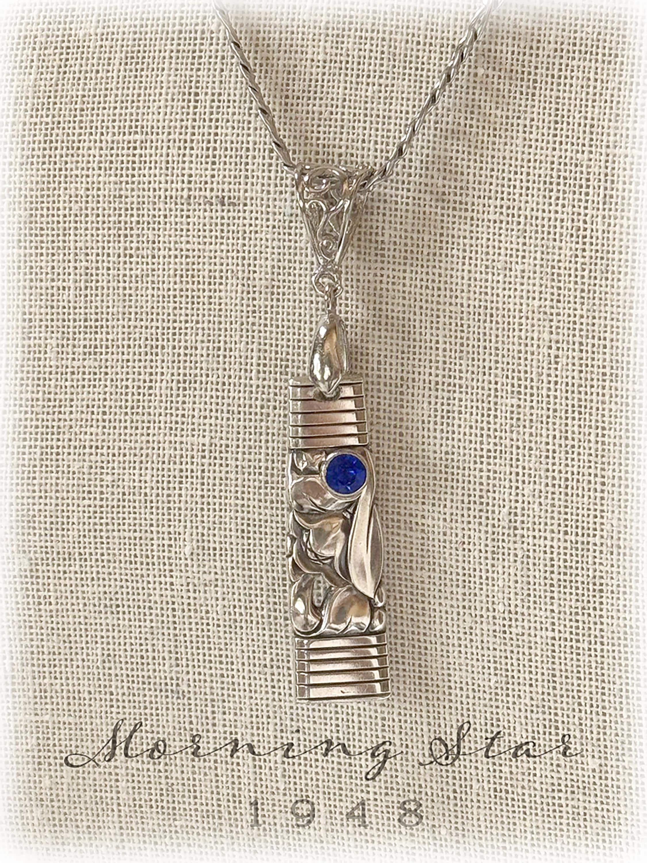 Vintage 1948 Morning Star Silverplate Spoon Pendant, Sapphire Accent