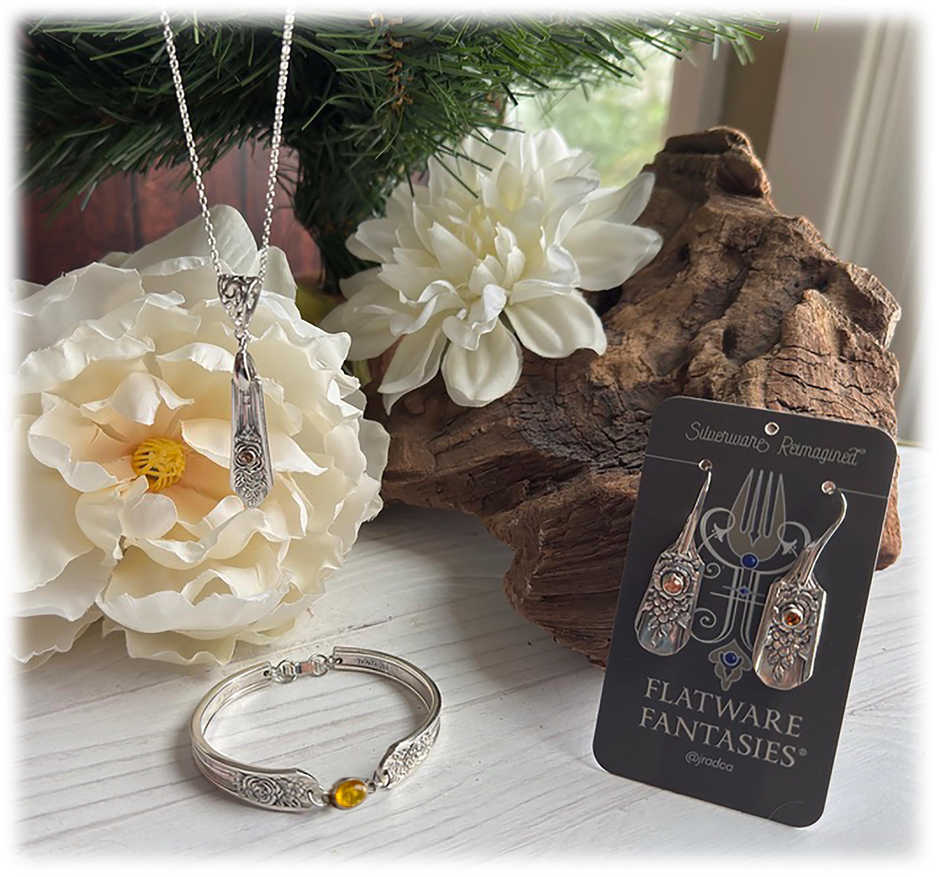 Rosedale Silverplate Spoon Jewelry, November Topaz Crystal, Bracelet, Pendant, Earrings