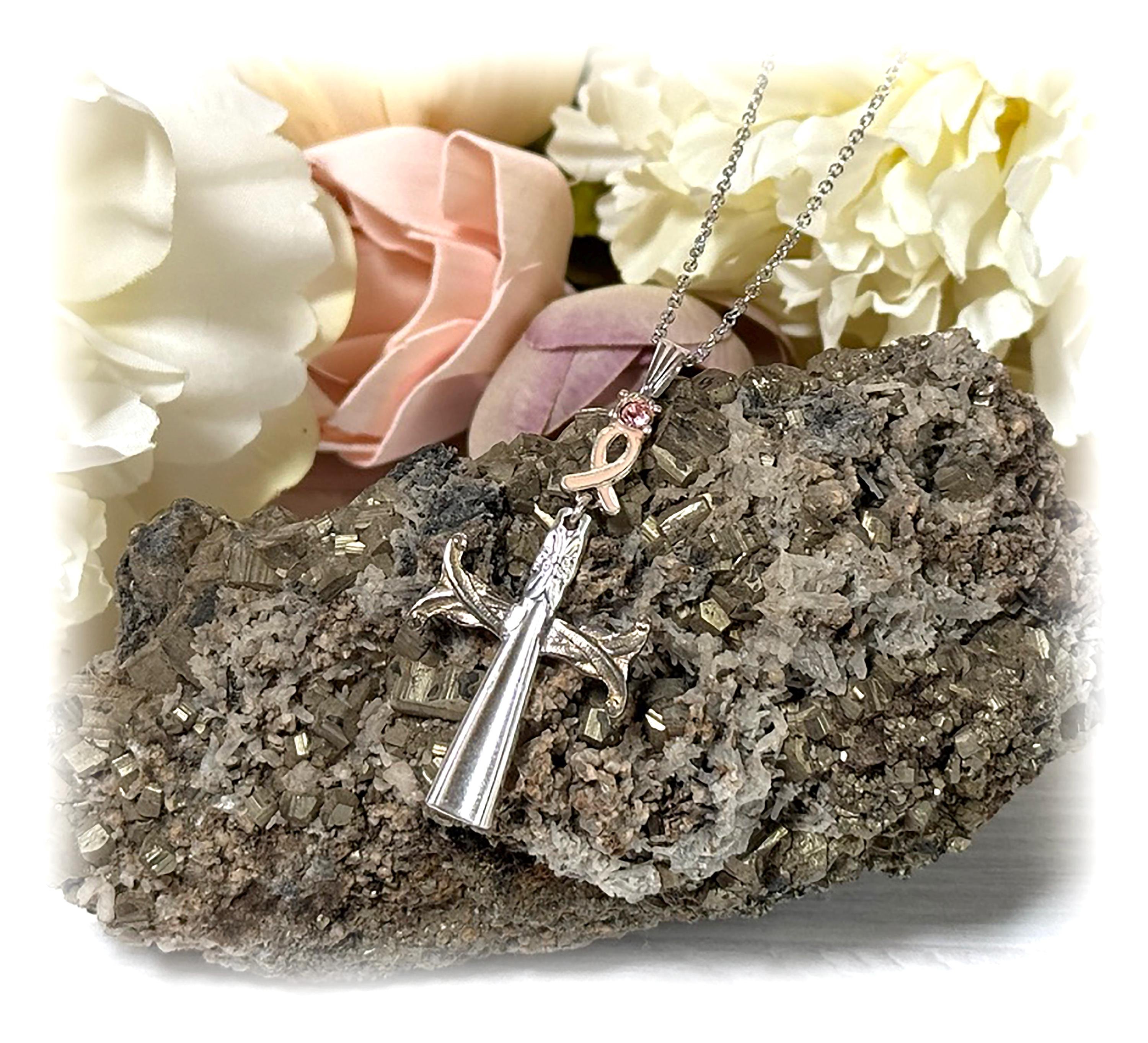 Upcycled Spoon Cross Pendant Necklace, Pink Ribbon, Breast Cancer Awareness