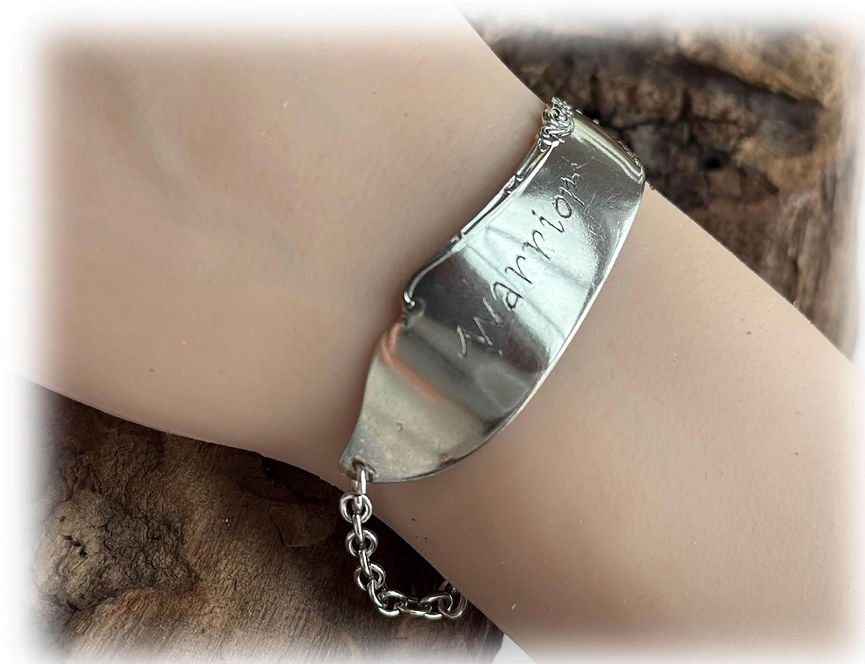 Hand Engraved WARRIOR Knife Blade Bracelet, Antique 1898 Silverplate Astoria Pattern, Survivor